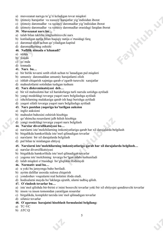 oniya 34. muqobil qiymat bu… a) voz kechilgan boshqa iqtisodiy ne’mat qimmati bilan o‘lchanadigan iqtisodiy ne’mat qimmatidir b) inson oqilona faoliyatga intilishi, ya’ni eng kam resurslarni sarflab, o‘zining eng ko‘p ehtiyojlarini qondirishi haqidagi fikrdir c) inson bir iqtisodiy ne’matning ma’lum miqdorini iste`mol qilishi d) tovar va xizmatlar narxi 35. musbat (ijobiy) tashqi samara formulasi qaysi qatorda to’g’ri berilgan? a) msb=mpb+meb b) q = f (k, l) c) (p1∕q1) d) (q2 - q1) 36. mutlоq elаstik tаlаb chizig’i qаndаy ko’rinishgа egа? a) gоrizоntаl chiziq b) vеrtikаl chiziq c) egri chiziq d) to’g’ri chiziq 37. utlоq nоelаstik tаlаb chizig’i qаndаy ko’rinishgа egа? a) vеrtikаl chiziq b) gоrizоntаl chiziq c) egri chiziq d) to’g’ri chiziq 38. muvozanat mahsulot miqdori deb … a) muvozanat narxga to’g’ri keladigan tovar miqdori b) ijtimoiy harajatlar va xususiy harajatlar yig’indisidan iborat c) ijtimoiy daromadlar va xususiy daromadlar yig’indisidan iborat d) ijtimoiy daromadlar va xususiy daromadlar orasidagi farqdan iborat …