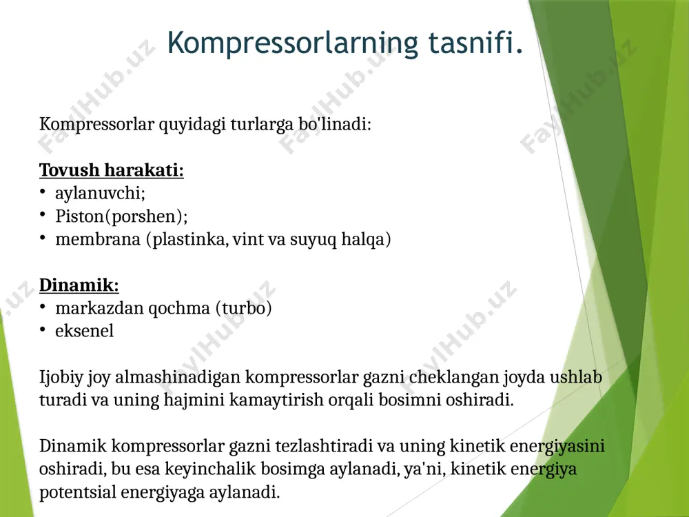 ni almashtirish; silindrlarni ta`mirlash; shatun-porshen detallarni ta`mirlash; podshipnik va boshqa qismlarni ta`mirlash; yig`ish ishlari; sinovdan o`tkazish. ajratish vaqtida tirsakli val, shatun, porshen, sal'niklar, so`ruvchi va havdovchi klapanlar, podshipniklar va val bo`yinchasi vkladishi yuviladi va tekshiriladi. tekshirishda ko`riladigan parametrlar kompressorlarni o’natish va foydalanish qismida keltirilgan. yeyilgan tsilindrlarni ta`mirlashda ular yangi ta`mir o`lchamigacha yulinadi, bu o`lchaì tsilindrning nominal (birlamchi) o`lchamidan bir oz kattaroq bo`ladi, va ushbu yangi o`lchamga mos porshen o`rnatiladi. silindr eyilish joylarini tkislash darajasigacha yulinadi va ishqalash kallaklarè bilan ishlov beriladi. silindr diametri 80 dan 150 mm gacha bo`lganda ishlov berish darajasi 0,02 dan 0,1 mm gacha bo`ladi. ta`mirlangan tsilindr quyidagi texnik talablarga javob berishi kerak: uning o`lchami tsilindr va porshen orasidagi ruxsat etilgan montaj tirqishini ta`minlashi lozim; ovallik va konuslik darajasi tsilindrning 100 mm diametrida 0,08 mm dan ko`p bo`lmasligi lozim. porshenli turdagi kompressorlar. ishlash printsipi: porshenli va klapanlarning o'zaro harakati orqali bosim hosil qilish. ular bir yoki ko'p …