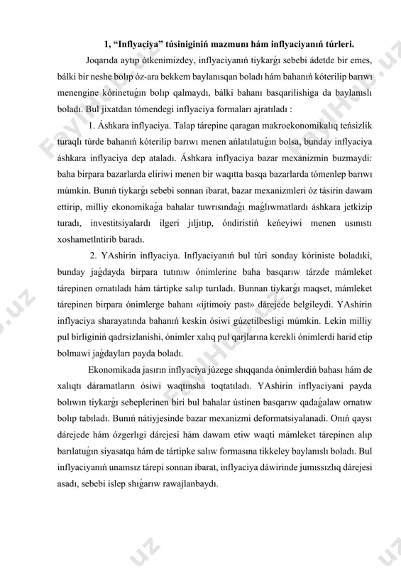 dárejesinde tezirek jumsawǵa háreket etediler. olar pullarǵa túrli tovarlar satıp aladılar. bunıń nátiyjesinde sawda hám dáldalshılıq dúkanında tovarlar tez satıladı ; 3) bahanıń keskin hám tegis emes ózgeriwi nátiyjesinde alıpsatarlıq kengayadi. inflyaciya nátiyjesinde tavar tańsıqlıǵı (defitsit) júzege shıǵadı. bul kemtarlıq bahanıń keskin eliriwine alıp keledi; 4) mámleket finans resursları qadrsizlanadi. mámleket byudjeti dáramatları byudjet ǵárejetleri ámelge asırilguncha shekem dáwirde qadrsizlanadi. byudjet dáramatları hám ǵárejetleri ortasındaǵı sáykeslikti saqlaw qıyınlasadı hám bunıń nátiyjesinde byudjet deficitligi (defitsiti) júzege shıǵadı ; 5) mámlekette kredit operatsiyaları sheklenedi. chunki inflyaciya dárejesi sebepli yuridikalıq hám fizikalıq shaxslarǵa kommerciya banklerinen beriletuǵın kreditlerdiń procent dárejesing joqarı dárejede ornatıladı. bul unamsız jaǵday isenimdi pasaytiradi. inflyaciyanıń eń tiykarǵı social áqibeti bolıp dáramatlar hám baylıqlardı qayta bólistiriliwi ámelge asıwı esaplanadı. bul qayta bólistiriliwi tómendegi faktorlar nátiyjesinde ámelge asadı : - mámleket xalqınıń dáramatları indeksatsiya etińmasligi; - kommerciyalıq bankleri tárepinen yuridikalıq hám fizikalıq shaxslarǵa beriletuǵın kreditler bahalar indeksleriniń ózgeriwin esapqa alınbaǵan halda beriliwligi. …