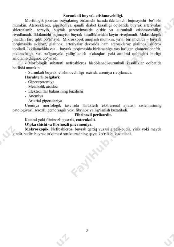 3-6 marta o‘g‘il bolalarga nisbatan ko‘proq kuzatiladi. bolalarda 5 yoshgacha ko‘proq kuzatiladi. bolalarda buyrak nefronlarining yoshga aloqador etilmaganligi asosiy rol uynaydi. asoratlari: buyrakning xronik abssessi, buyrak karbunkuli, pionefroz, perinefrit, paranefrit, papillonekroz. o‘tkir pielonefrit oqibatida bemor tuzaladi, lekin (pionefroz, sepsis, papillonekroz) kabi og‘irlashuv natijasida o‘lib qolishi mumkin. surunkali buyrak etishmovchiligi. morfologik jixatdan buyrakning birlamchi hamda ikkilamchi bujmayishi bo‘lishi mumkin. ateroskleroz, gipertoniya, qandli diabet kasalligi oqibatida buyrak arteriyalari sklerozlanib, torayib, buyrak parenximasida o‘tkir va surunkali etishmovchiligi rivodlanadi. ikkilamchi bujmayish buyrak kasalliklaridan keyin rivojlanadi. makroskopik jihatdan farq qilib bo‘lmaydi. mikroskopik aniqlash mumkin, ya’ni birlamchida – buyrak to‘qimasida skleroz, gialinoz, arteriyalar devorida ham ateroskleroz gialinoz, skleroz topiladi. ikkilamchida esa – buyrak to‘qimasida birlamchiga xos bo‘lgan glomerulonefrit, pielonefritga xos bo‘lganyoki yallig‘lanish o‘choqlari yoki amiloid qoldiqlari borligi aniqlanib diagnoz qo‘yiladi. · morfologik substrati nefroskleroz hisoblanadi-surunkali kasalliklar oqibatida bo‘lishi mumkin. · surunkali buyrak etishmovchiligi oxirida uremiya rivojlanadi. harakterli belgilari: · giperazotemiya · metabolik atsidoz · elektrolitlar balansining …