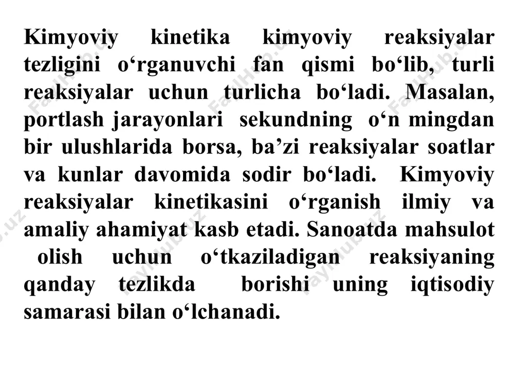 t2 vaqtda esa c2 kattalikka teng bo‘lsa, t=t1-t2 vaqt birligida modda konsentrasiyasining o‘zgarishi c =c2-c1 bo‘ladi, bunda reaksiyaning o‘rtacha tezligi quyidagicha topiladi: v = c2 - c1 / t1 - t2 = bir mol modda tarkibidagi barcha molekulalarni “aktiv” holatga keltirish uchun zarur bo‘lgan energiyaga aktivlanish energiyasi (eaktiv.) deyiladi. u kkal /mol, kj/mol bilan ifodalanadi. 5.2 kimyoviy reaksiyalarga ta’sir etuvchi omillar 1.reaksiya tezligiga konsentratsiyaning ta’siri. konsentratsiya-bu hajm birligidagi moddaning miqdori. reaksiya tezligining reaksiyaga kirishuvchi moddalar konsentratsiyasiga bog‘liqligini o‘rganish massalar ta’siri qonunining kashf etilishiga (1867) sabab bo‘ldi. bu qonun guldberg va vaage tomonidan kashf etilgan bo‘lib quyidagicha ifodalanadi: o‘zgarmas haroratda kimyoviy reaksiyalarning tezligi reaksiyaga kirishuvchi moddalar konsentrasiyalarining ko‘paytmasiga to‘g‘ri proporsionaldir. agar reaksiya tenglamasida stexiometrik koeffitsientlar bo‘lsa, ular hisobga olinadi va daraja ko‘rsatgichida yoziladi: umumiy ko‘rinishda yozilgan quyidagi reaksiya tenglamasi uchun aa + bb = cc + dd massalar ta’siri qonuniga asosan reaksiya tezligi quyidagicha bo’ladi:v = kcaa +cbb yoki v = …
