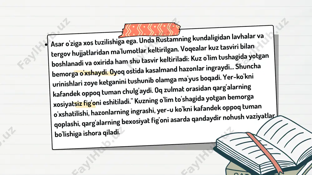 t sifatida yoritilgan . 01 romanda yoritilgan personajlardan rustam va komissar obrazlari õzbek adabiyotida yangicha inson konsepsiyasi ,, mavjudlik ,, va ,, yaxshash ,, shaklini tushunishda muhim rõl õynadi. 02 ijodkor sujet liniyasini hozir va õtmish qolipida tuzadi , ya'ni rustamning õlimi va u bilan bog'liq voqealar asosiy xronotop bõlsa-da , ijodkor har bir personajning õtmishdagi hayotiga erkin kõchaveradi. 03 bir sõz bilan aytganda ,,tushda kechgan umrlar ,, õzbek adabiyotiga yangicha burilish olib kirgan asar hisoblanadi .