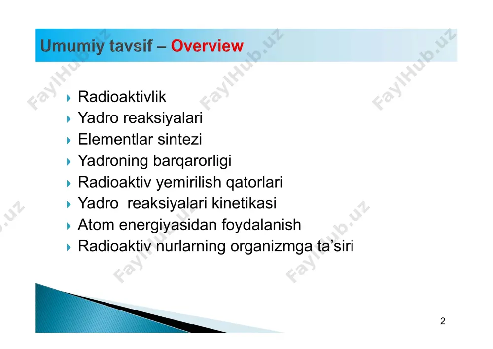 ingan:  hozirga qadar 118 element ham sintez qilingani ma’lum. 13  turli omillar yadroning barqarorligiga ta’sir qiladi.  bular protonlar soni z va neytronlar soni n;  ularning nisbati n/z;  bog’liqlik barqarorlik belbog’i bilan tasvirlanishi mumkin va u n/z=1 chiziqdan o’tadi;  40ca gacha n=z yadro barqaror;  keyingi elementlar uchun n/z nisbat 1-1.5 oralig’ida: 56fe da 1.15, 209bi da 1.52;  n/z 1.5 dan katta bo’lsa, beta yemirilishga moyil;  n/z 1 dan kichik bo’lsa, positron yemirilsish yoki elektronning yadroga qulashi kuzatiladi;  bi dan keyingi barcha elementlar beqaror; 14 15  z>83 elementlar barqaror izotoplarga ega emas;  2, 8, 20, 28, 50, 82 proton yoki 2, 8, 20, 28, 50, 82, 126 neytronga ega elementlar eng barqarordir (“sehrli sonlar”) 16 1 7  radioaktiv yemirilish qatorlari eng barqaror izotoplar hosil bo’lishiga olib keladi;  tabiiy radioaktiv yemirilishning asosiy 3 ta qatori mavjud:  toriy qatori …