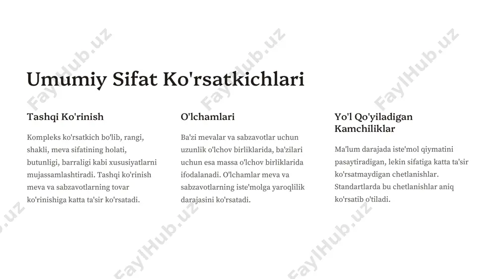 pishganlik zichlik kraxmal meva va sabzavotlarning sifat gradastiyalari yangi uzilgan meva-sabzavot mahsulotlari sifati bo'yicha standart talabiga javob beradigan, standart talabiga javob bermaydigan, ya'ni nostandart va ovqatga ishlatib bo'lmaydigan (chiqit) kabi guruhlarga ajratiladi. standart mahsulotlar deb shunday mahsulotlarga aytiladiki, ular hamma ko'rsatkichlari bo'yicha amalda qo'llanilayotgan standartlar va texnik shartlar talabiga to'liq javob beradi. standart talablarga javob beradi. nostandart talablarga javob bermaydi. chiqit ovqatga yaroqsiz. urug'li mevalar sifat tahlili: olma va nok tez pishar olma navlarining sifati gost 16270-70 ga, kech pishar olma navlarining sifati esa gost 21122-75 standarti talabiga javob berishi kerak. bu davlat standartlari talabi bo'yicha tez pishar olmalar sifat ko'rsatkichlari bo'yicha 1-chi va 2-chi tovar navlariga bo'linsa, kech pishar olma navlari esa oliy, 1-chi, 2-chi va 3-chi tovar navlariga bo'linadi. nok issiqsevar daraxt, mevasi olmaga nisbatan ancha nozik, shuning uchun saqlashga va tashishga chidamsizroq meva hisoblanadi. nokni asosan ho'l meva sifatida iste'mol qilinadi va undan kompot, murabbo, stukat kabi …