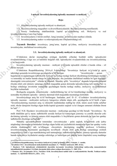 investitsiyalarning iqtisodiy mazmuni va mohiyati — DOCX