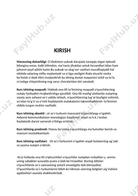 lish ko’nikmasi ularning belgilari yig’indisini egallashlari asosida shakllantiriladi. masalan, gul, guldor, gulladi so’zlarining qaysi so’z turkumiga kirishini bilish uchun o’quvchisi quyidagicha fikr yuritadi: nima? – gul, bu so’z narsani bildiryapti, ko’plikda qo’llanadi – gullar, bu ot; guldor so’zi qanday? so’rog’iga javob bo’lyapti, narsaning belgisini bildiryapti, bu – sifat; gulladi so’zi nima qildi? so’rog’iga javob bo’lyapti, narsaning holatini bildiryapti, bo’lishsiz shaklda qo’llanadi – gullamadi, bu – fe’l 3 1. so’z turkumini o‘qitish metodikasi. so’z turkumlarini o’rganishdagi asosiy vazifa o’quvchilarning og’zaki va yozma nutqini o’stirish, lug’atini yangi ot, sifat, son, fe’llar bilan boyitish, o’quvchilar shu vaqtgacha foydalanib kelayotgan so’zlarning ma’nosini aniq tushunishiga erishish, bog’lanishli nutqda u yoki bu so’zdan o’rinli foydalanish malakasini o’stirish hisoblanadi. bu vazifalarni muvaffaqiyatli hal qilish uchun so’z turkumlarini o’rganish jarayonida sinonim, antonimlar (terminlar berilmaydi) ustida muntazam ish olib boriladi, o’quvchilar ko’p ma’noli so’zlar, ularning o’z va ko’chma ma’noda ishlatilishi bilan tanishtiriladi. bunda ta’limni o’quvchilarnipg shaxsiy tajribalari, bevosita ko’rganlari, …