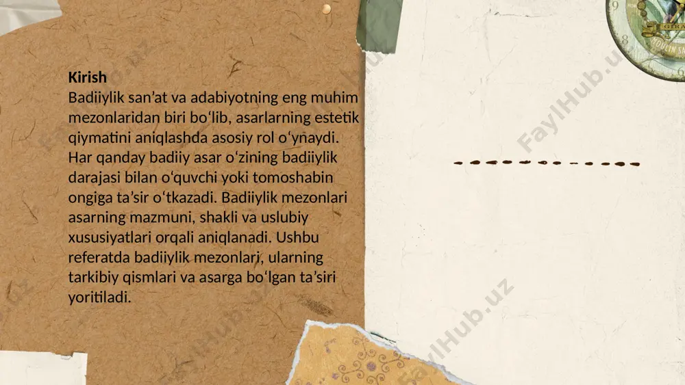 ning “mona liza” asaridagi yuz ifodasi va kompozitsiya badiiylikning eng yuksak namunasidir. ranglar va tafsilotlar asardagi chuqur his-tuyg‘ularni yetkazishga yordam beradi. 4.2. musiqa musiqada badiiylik mezonlari kuy va ritm uyg‘unligi, kompozitsiyaning emotsional kuchi va ijro mahorati orqali namoyon bo‘ladi. musiqa tinglovchining his-tuyg‘ularini tezda harakatga keltiradigan san’at turi bo‘lib, unda intuitiv va iratsional tafakkur katta ahamiyatga ega. masalan, wolfgang amadeus mozart ning simfoniyalari emotsional ta’sirchanligi va musiqiy uyg‘unligi bilan badiiylikning yuksak namunasi hisoblanadi. 4.3. teatr va kino teatr va kinoda badiiylik aktyorlik mahorati, dialoglarning ta’sirchanligi, sahna va dekoratsiyalar uyg‘unligi orqali aniqlanadi. ushbu san’at turlarida tomoshabin hissiyotlariga ta’sir qilish uchun badiiy vositalarning to‘liq uyg‘unligi talab etiladi. masalan, o‘zbek kinosi dagi “abdullajon” filmi milliy qadriyatlar va hissiy dramatizmni tasvirlashda badiiylik mezonlarini yuksak darajada aks ettirgan. foydalanilgan adabiyotlar нурмонов а. "бадиий ижод назарияси". – тошкент: фан, 2015. қудратқулов ш. "адабиётшунослик асослари". – тошкент: ўқитувчи, 2010. саъдуллаев а. "бадиий асар таҳлили". – тошкент: ёшлар нашриёти, …