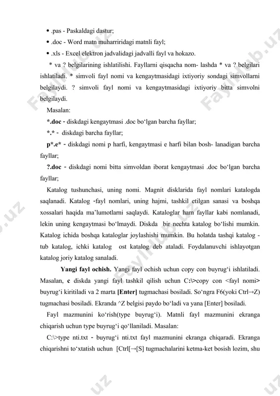 dan boshqa diskka, yoki bir katalogdan boshqa katalogga nusxalash uchun copy buyrug‘i qo‘llaniladi. masalan: a:\>copy *.* c: ( buyrug‘i a diskdagi barcha fayllarni c diskka nusxalash uchun; c:\>copy papers a: ( buyrug‘i papers katalogini c diskdan a diskka nusxalash uchun qo‘llaniladi. faylni qayta nomlash(ren buyrug‘i). faylni qayta nomlash uchun ren buyrug‘i qo‘llaniladi. buyruq formati: ren 1-fayl nomi 2-fayl nomi. bunday vaqtda dastlab faylning eski nomi, so‘ngra esa yangi nomi beriladi. masalan, c:\>work>ren nti.txt nti5.txt buyrug‘i nti.txt fayliga nti5.txt yangi nomini beradi.diskdagi fayllarni o‘chirish(del buyrug‘i). fayl yoki fayllar guruhini o‘chirish uchun del buyrug‘i qo‘llaniladi. buyruq formati: del fayl nomi. masalan, c:\>del *.* ( c diskdagi barcha fayllarni o‘chirish uchun; c:\>del *.doc ( c diskdagi barcha .doc kengaytmali fayllarni o‘chirish uchun; c:\>del nti.bas ( buyrug‘i nti.bas faylini o‘chirish uchun xizmat qiladi. katalog tashkil qilish(md(make directory) buyrug‘i). yangi katalog tashkil qilish uchun md buyrug‘idan foydalaniladi. masalan: c:\>work>md tiko—buyrug‘i bajarilishi natija​sida, work katalogi ichida …