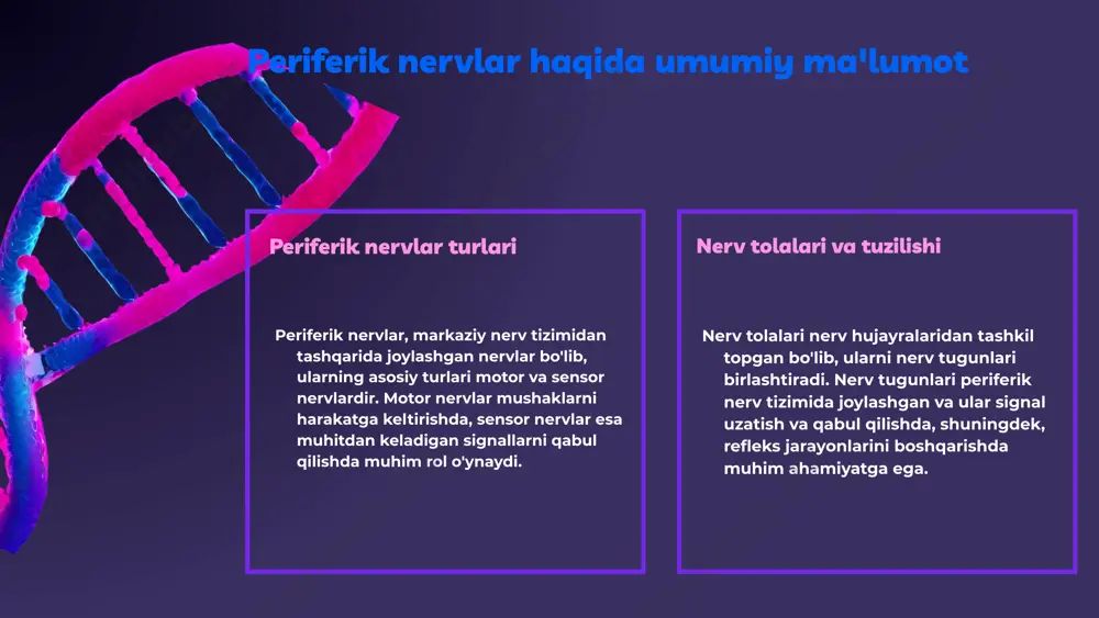 miyati orqa miya tugunlari nerv tizimining muhim qismlaridan biri bo'lib, ular organizmning turli funksiyalarini boshqarishda muhim rol o'ynaydi. ular asosiy nerv tizimining periferik qismini bog'laydi va nerv impulslarini uzatishda ishtirok etadi. tugunlar nerv tizimida axborot uzatishda va refleks javoblarni shakllantirishda muhim ahamiyatga ega. ular harakat va sezgi funksiyalarini ta'minlaydi. tugunlarning o'zaro bog'liqligi ularning samarali ishlashi uchun zarur. ularning faoliyati jismoniy holatga ta'sir ko'rsatadi. photo by national cancer institute on unsplash photo by national cancer institute on unsplash orqa miya tugunlarining patologiyalari orqa miya tugunlarida uchraydigan asosiy patologiyalar, ularning belgilari, sabablari va davolash usullari haqida ma'lumot. radikulopatiya, nevropatiya va myelopatiya kabi kasalliklar ko'rib chiqiladi. asosiy patologiyalar 1. radikulopatiya: nerv ildizlarining siqilishi. 2. nevropatiya: nerv tolalarining shikastlanishi. 3. myelopatiya: orqa miya to'qimalarining shikastlanishi. belgilari va sabablari radikulopatiya: og'riq, mushak kuchsizlik. nevropatiya: kuchsizlik, his-tuyg'u yo'qolishi. myelopatiya: harakat va muvozanat buzilishlari. davolash usullari fizioterapiya, dori-darmonlar, jarrohlik aralashuvlar va profilaktika. orqa miya tugunlarining o'zgarishlari tugunlarning …