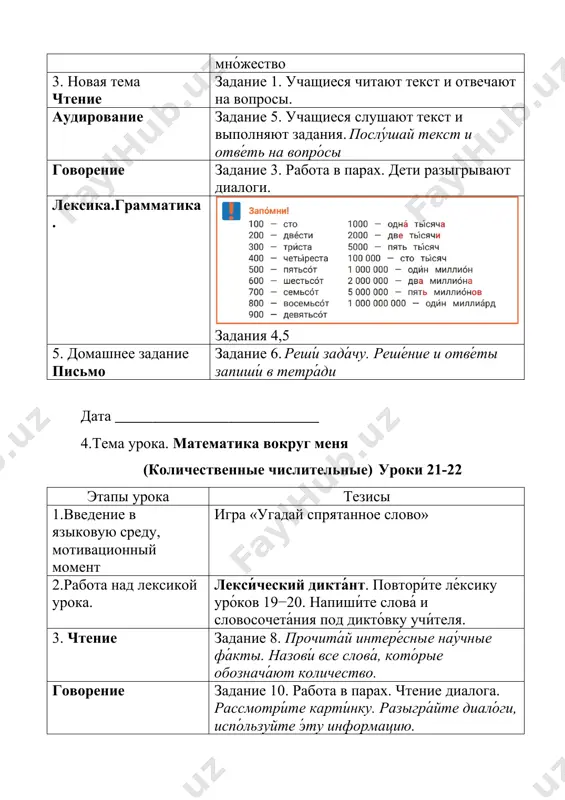 зыковую среду, мотивационный момент чтение стихотворений. 2.работа над лексикой урока. повторение, закрепление лексики урока. 3. чтение задание 8. чтение текста о ломоносове. аудирование задание 11.учащиеся слушают текст и выполняют задания. говорение задание 9 назови́ откры́тия, сде́ланные м. в. ломоно́совым. задание 10. работа в парах.дети составляют диалоги. лексика.грамматика. 5. домашнее задание задание 13. посмотри́ мультфи́льм «про ма́льчика и за́йчиков» о де́тстве архиме́да. напиши́, каки́м он был в де́тстве дата ___________________________ 7.тема урока. что? где? когда? (предло́жный паде́ж при обозначе́нии ме́ста де́йствия. род и число́ поря́дковых числи́тельных) уроки 25-26 этапы урока тезисы 1.введение в языковую среду, мотивационный момент беседа на тему «мой любимый вид спорта» 2.работа над новой лексикой урока. уча́стие (в игре́), игро́к, кома́нда, турни́р, чемпиона́т 3. новая тема чтение задание 1. чтение текста. составление плана текста аудирование задание 4.учащиеся слушают текст и выполняют задания говорение задание 5.работа в парах. почу́вствуйте себя́ знатока́ми. посовеща́йтесь. попро́буйте найти́ отве́т на вопро́с, кото́рый был …