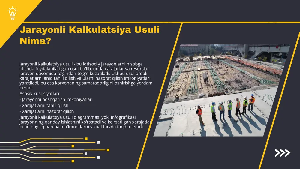 nning samaradorligini baholash edi va natijalar ko'rsatdiki, usul kutilgan natijalarga erishishga yordam berdi. ikkinchi tajriba jarayonida yana bir bor jarayonli kalkulatsiya usuli ishlatildi. bu tajriba natijalari esa jarayonning barqarorligini va takomillashuvini ta’kidladi, eng yaxshi natijalarga erishildi. kelajakdagi tendentsiyalar kelajakdagi tendentsiyalar jarayonli kalkulatsiya usuli bilan chambarchas bog'liq. iqtisodiy o'zgarishlar, masalan, raqamli iqtisodiyotning o'sishi va avtomatlashtirish jarayonlari, biznes jarayonlarini tezlashtiradi. ijtimoiy jihatdan, yangi texnologiyalar ta'lim va ish joylarida o'zgarishlarni keltirib chiqaradi. texnologik o'zgarishlar esa sun'iy intellekt va katta ma'lumotlar analitikasi orqali jarayonlarning samaradorligini oshiradi. bu tendentsiyalar kelajakda jarayonli kalkulatsiya usullarining rivojlanishiga kuchli ta'sir ko'rsatadi. rivojlanish istiqbollari jarayonli kalkulatsiya usuli, iqtisodiy jarayonlarni yanada samarali va aniq hisoblash imkonini beruvchi usuldir. ushbu usul yordamida resurslardan foydalanishni optimallashtirish va natijalarni yaxshilash mumkin. asosiy elementlar sifatida jarayonning har bir bosqichida ma'lumot to'plash, tahlil qilish va natijalarni baholash muhimdir. misol uchun, ishlab chiqarish jarayonidagi xarajatlarni hisoblash yoki investitsion loyihalarni baholashda jarayonli kalkulatsiya usuli qo'llaniladi. jarayonli kalkulatsiya usuli …