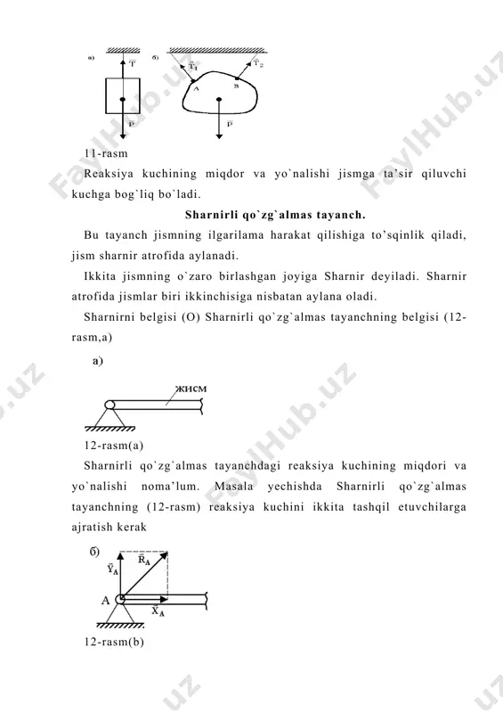 - rasmda ko`rsatilgan av balkaning a uchi ham gorizontal, ham vyertikal bo`ylab siljishga yo`l qo’yadigan qilib maxkamlangan. bu holda a nuqtada faqat balkaning a nuqta atrofida aylanishiga qarshilik qiluvchi m reaksiya momenti mavjud bo`ladi. 20-rasm bog`lanish aksiomasi bog`lanishda bo`lgan jismni erkin jism deb qarash uchun bog`lanishni reaksiya kuchi bilan almashtirish kerak. bu aksioma yordamida bog`lanishdagi jismlarning muvozanati tekshiriladi. og`irligi p bo`lgan av balka uchun (21-rasm) oe tekislik, d tayanch va ok tros bog`lanishi bo`lib hisoblanadi 21-rasm adabiyotlar: 1. p. shoxaydarova, sh. shoziyotov, sh.zoirov «nazariy mexanika» darslik. toshkent 1991 yil. 2. t. r. rashidov, sh. shoziyotov, k.b. muminov «nazariy mexanika asoslari» darslik. toshkent 1990 y. 3. s.m. targ «kratkiy kurs teoreticheskoy mexaniki» «visshaya shkola» 2002 g. 4. i.v. meshcherskiy. nazariy mexanikadan masalalar to`plami o`quv qo`llanmasi toshkent. 1989 y. 5. “sbornik zadaniy dlya kursovix rabot po teoreticheskoy mexanike” pod redaksiey a. a. yablonskogo «visshaya shkola», 1985 g. _1096538000.unknown _1096538134.doc _1096538197.unknown _1096538510.doc _1096539473.unknown …