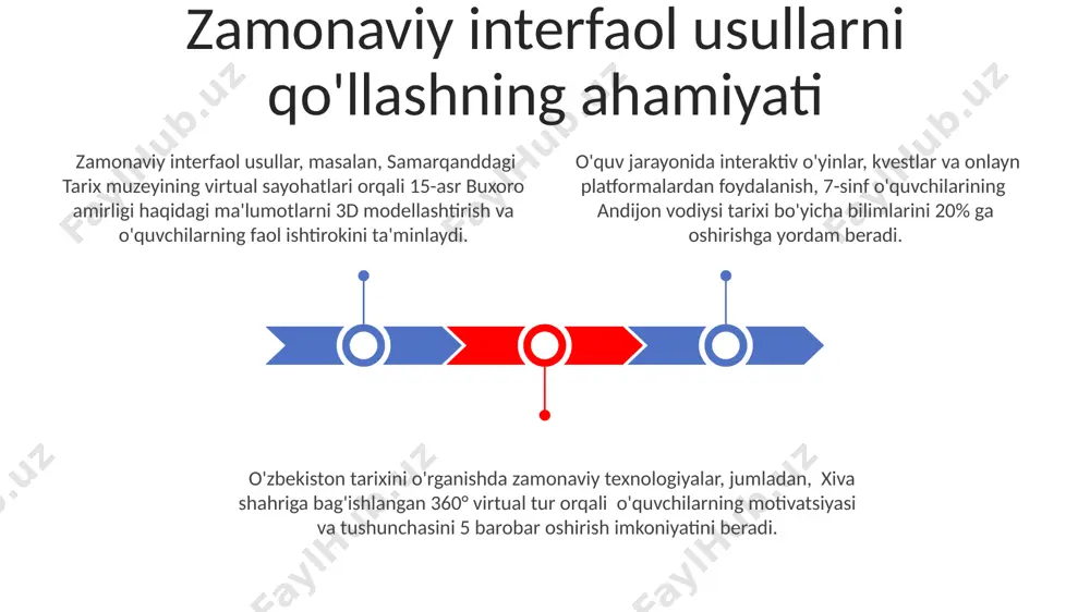 an amaliy mashg‘ulotlar natijasida, interaktiv o‘yinlar yordamida tarixiy faktlarni eslab qolish darajasi 25% ga yaxshilandi. buxoro viloyatidagi maktablarda 2022-yilgi test sinovlari natijalarini tahlil qilish shuni ko‘rsatdiki, interaktiv darslarga qatnashgan o‘quvchilarning o‘rtacha ballari 15 ballga yuqori bo‘ldi. samarqanddagi 100 talaba orasida o‘tkazilgan so‘rovnoma natijalariga ko‘ra, interaktiv usullarni qo‘llash o‘quvchilarning tarixga bo‘lgan qiziqishini 30% ga oshirdi. e'tiboringiz uchun rahmat @taqdimot_robot image1.jpeg image2.jpeg