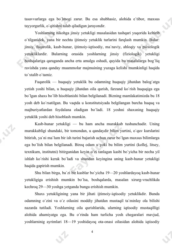 a bir necha yil ishlab ko`rishi kerak bo`ladi va shundan keyingina uning kasb-hunar yetukligi haqida gapirish mumkin. shu bilan birga, ba`zi bir kasblar bo`yicha 19—20 yoshlardayoq kasb-hunar yetukligiga erishish mumkin bo`lsa, boshqalarda, masalan xirurg-vrachlikda kechroq 29—30 yoshga yetganda bunga erishish mumkin. shaxs yetukligining yana bir jihati ijtimoiy-iqtisodiy yetuklikdir. bunda odamning o`zini va o`z oilasini moddiy jihatdan mustaqil ta`minlay ola bilishi nazarda tutiladi. yoshlarning oila qurishlarida, ularning iqtisodiy mustaqilligi alohida ahamiyatga ega. bu o`rinda ham turlicha yosh chegaralari mavjud, yoshlarninig ayrimlari 18—19 yoshidayoq ota-onasi oilasidan alohida iqtisodiy mustaqillikka erishishi mumkin, boshqalari esa 25—30 yoshlarida ham ota-onalarining moddiy yordamidan foydalanadilar. bu yetuklik jihatlari orasida shaxsning ma`naviy va ahloqiy yetukligi haqida gapirish eng murakkabidir. chunki bu jihat haqida aniq bir mezon va tavsif hozircha ishlab chiqilmagan. gap shaxsning psixologik yetukligi haqida borgudek bo`lsa, bunda dastavval uning turli hayotiy vaziyatlar va sharoitlarni hushyor baholay olishi nazarda tutiladi. bu hushyorlik amaliylik, voqelikni to`g`ri baholay olish, …
