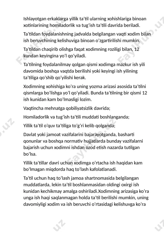 sidagi kelishuvga ko‘ra belgilanadi, lekin 12 oylik davr mobaynida jami 3 oydan ortiq bo‘lmasligi kerak. quyidagi xodimlarga ularning xohishiga ko‘ra, ish haqi saqlanmagan holda muqarrar tartibda ta’til beriladi: 1941 — 1945-yillardagi urush qatnashchilariga va imtiyozlari jihatidan ularga tenglashtirilgan shaxslarga — har yili 14 kalendarь kunga qadar; ishlayotgan i va ii guruh nogironligi bo‘lgan shaxslarga — har yili 14 kalendarь kunga qadar; 2 yoshdan 3 yoshgacha bo‘lgan bolani parvarish qilayotgan ayollarga; 12 yoshga to‘lmagan ikki va undan ortiq bolani tarbiyalayotgan ayollarga — har yili 14 kalendarь kunga qadar. xodimning arizasiga ko‘ra unga ish haqi saqlanmagan holda ta’til berilishi mumkin, uning davomiyligi xodim va ish beruvchi o‘rtasidagi kelishuvga ko‘ra belgilanadi, lekin 12 oylik davr mobaynida jami 3 oydan ortiq bo‘lmasligi kerak. quyidagi xodimlarga ularning xohishiga ko‘ra, ish haqi saqlanmagan holda muqarrar tartibda ta’til beriladi: 1941 — 1945-yillardagi urush qatnashchilariga va imtiyozlari jihatidan ularga tenglashtirilgan shaxslarga — har yili 14 kalendarь kunga qadar; …