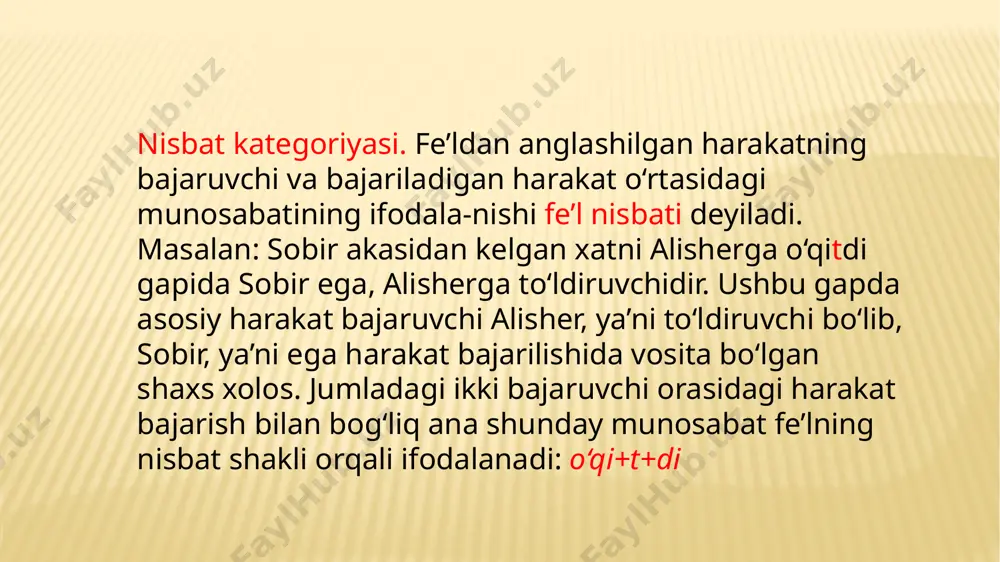 lgan qo`shma affiks) affiksini qo`shish bilan: zavq-lan, tinch-lan, shod-lan kabi; g) –ish qo`shimchasini qo`shish bilan: ker-ish kabi. barcha fe’l negizlaridan (o`timli, ba’zi bir o`timsiz) o`zlik nisbati yasalmaydi: so`ra, bor, yugur kabi. ba’zi fe’l negizlarining, aksincha, aniq nisbati yo`q: quvon, seskan kabi. majhullik nisbati -l, -n, in, -il bu shakldagi fe’lda harakat bajaruvchisi sub’ekt (ega) emas, ob’ekt (to`ldiruvchi) sanaladi yoki harakatning haqiqiy bajaruvchisi noma’lum bo`ladi. masalan: ot-aravalar birin-ketin saroyga olib kirildi (h.g`.) gapida olib kirildi harakatining bajaruvchi sub’ekti noma’lum, ot-aravalar so`zi ega vazifasida kelsa-da, ob’ekt vazifasini bajargan. kesimi majhullik nisbatidagi fe’l bilan ifodalangan gap qurilishi tilshunoslikda passiv konstruktsiya deb yuritiladi. majhullik nisbati quyidagi qo`shimchalar bilan yasaladi: a) fe’l negiziga unlidan so`ng –l, undoshdan so`ng –il affiksini qo`shish bilan: yasa-l(-di), ata-l(-di), yut-il(-di), sot-il(-di) kabi; b) fe’l negiziga unlidan so`ng –n, undoshdan so`ng –in affiksini qo`shish bilan: bastala-n(-di), ol-in(-di) kabi. majhullik nisbatdagi fe’lni hosil qilishda –l (-il) affiksi ko`proq qo`llaniladi. ba’zan ayni bir …