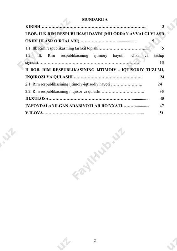 astlabki respublika davridagi o'ziga xos xususiyatlarini aniqlash, bu davr huquq tizimi haqida batafsil ma’lumot beradigan yodgorliklarni o’rganish mazkur kurs ishimizning asosiy maqsadi hisoblanadi. kurs ishining vazifalari: - bu davrda rimda sodir boʻlgan ijtimoiy oʻzgarishlar, jumladan, jamiyat tuzilishidagi oʻzgarishlar, patritsiylar va plebeylarning roli, quldorlikning rivojlanishi va boshqalarni tahlil qilish. -patritsiylar va plebeylar o'rtasidagi kurashni ko'rib chiqing, qarama-qarshilik sabablarini aniqlang. - rimda ilk respublika davridagi siyosiy o‘zgarishlarni, jumladan rim huquqining shakllanishini o‘rganish. kurs ishining obyekti: qadimgi rimning ilk respublika davridagi ijtimoiy tuzilishi va huquq normalarini o’rganish mavzumizning asosiy obyekti hisoblanadi. kurs ishining predmeti: rim respublikasi ijtimoiy tizimining shakllanishi davrida rivojlangan ijtimoiy munosabatlardir. mavzuning o‘rganilganlik darajasi. xorijiy davlatlarning mintaqashunos va tarixshunos olimlari m. v.belkin, v.v.kuchma, p.p.shkarenkov, d. a.litvinov, s. l.utchenko, sh.monteske, e.gibbon va boshqa olimlarning asarlarida rim tarixining turli muammolari yoritiladi. tadqiqotning xronologik doirasi mil.avv. vi asr oxiridan milodiy iii asr oʻrtalarigacha boʻlgan davrni qamrab oladi. shunday qilib, dastlabki respublika davrida rimga oid …