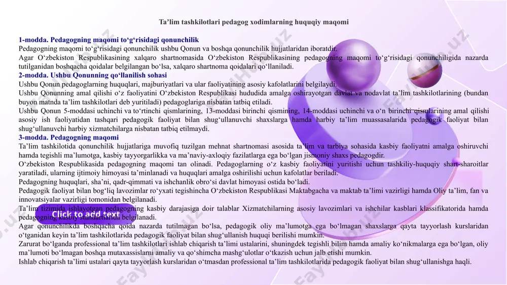 ga oshirilishi uchun kafolatlar beriladi. pedagogning huquqlari, sha’ni, qadr-qimmati va ishchanlik obro‘si davlat himoyasi ostida bo‘ladi. pedagogik faoliyat bilan bog‘liq lavozimlar ro‘yxati tegishincha o‘zbekiston respublikasi maktabgacha va maktab ta’limi vazirligi hamda oliy ta’lim, fan va innovatsiyalar vazirligi tomonidan belgilanadi. ta’lim tizimida ishlayotgan pedagogning kasbiy darajasiga doir talablar xizmatchilarning asosiy lavozimlari va ishchilar kasblari klassifikatorida hamda pedagogning kasbiy standartlarida belgilanadi. agar qonunchilikda boshqacha qoida nazarda tutilmagan bo‘lsa, pedagogik oliy ma’lumotga ega bo‘lmagan shaxslarga qayta tayyorlash kurslaridan o‘tganidan keyin ta’lim tashkilotlarida pedagogik faoliyat bilan shug‘ullanish huquqi berilishi mumkin. zarurat bo‘lganda professional ta’lim tashkilotlari ishlab chiqarish ta’limi ustalarini, shuningdek tegishli bilim hamda amaliy ko‘nikmalarga ega bo‘lgan, oliy ma’lumoti bo‘lmagan boshqa mutaxassislarni amaliy va qo‘shimcha mashg‘ulotlar o‘tkazish uchun jalb etishi mumkin. ishlab chiqarish ta’limi ustalari qayta tayyorlash kurslaridan o‘tmasdan professional ta’lim tashkilotlarida pedagogik faoliyat bilan shug‘ullanishga haqli. 4-modda. murabbiylik umumiy o‘rta ta’lim tashkilotida ilk bor kasbiy faoliyatini boshlayotgan shaxsga bir o‘quv yili davriga murabbiylikni …