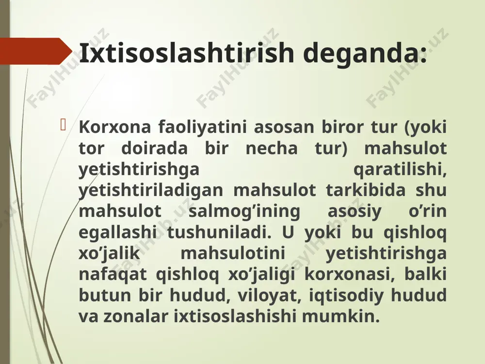 armoq; yordamchi tarmoq; asosiy tarmoq – korxonada ishlab chiqariladigan tovar mahsulotining 2/3 qismini yoki 66% idan ortig’ini berishi lozim. u xo’jalikning ixtisoslashganligini belgilaydi, ishlab chiqarish tarkibi shu asosiy tarmoqqa bog’liq. qo’shimcha tarmoq – yalpi va tovar maxsulotining eng kamida 1/3 qismini tashkil etadigan tarmoqqa aytiladi. yordamchi tarmoq - bu qishloq xo’jalik xom ashyosini qayta ishlaydigan, qurilish materiallari tayyorlaydigan, maishiy xizmat ko’rsatadigan sohalar kiradi. tarmoqlarni bir-biriga maqsadga muvofiq ravishda muvofiqlashtirishning iqtisodiy tamoyillari quyidagilardan tashkil topadi bozorni yuqori sifatli, arzon, raqobatga chidaydigan qishloq xo’jalik maxsulotiga bo’lgan talabni to’la qondirish; to’la xo’jalik hisobi va o’z-o’zini moliyalash tamoyillari asosida yuqori samaradorlikka va xo’jalik yuritishni mustaqilligiga erishish; korxonaning tabiiy iqlim va iqtisodiy hususiyatlarini keng ko’lamda hisobga olish; qishloq xo’jaligiga yaroqli yerlarning hosildorligini oshirish va ulardan to’la va to’g’ri foydalanish; mehnat taqsimotini to’g’ri rejalashtirish asosida mehnat resurslaridan unumli foydalanish va ishlab chiqarishda mavsumiylikni kamaytirish; ishlab chiqarish vositalaridan va xususan energiya bilan qurollangan yuqori qiymatli texnika vositalaridan …