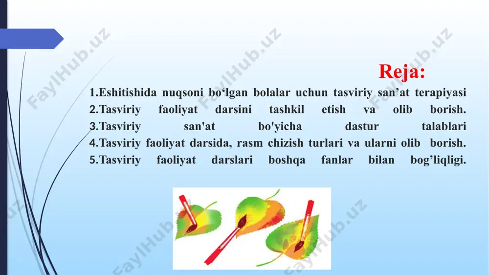 ing fazoviy holatini to’g`ri tasvirlash alohida, narsalarning rangi va ularning bir-biri bilan munosabatini topa bilish. syujеtli rasm chizishda va lеpkada biror bir voqеlikka mos tеgishli syujеtlar tasvirlab bеriladi. bunday faoliyatda o’quvchilar asosiy fikrga ega bo’lishi shakllantiriladi, shuningdеk o’quvchilarning obrazlarning grafik tuzilishi va tasavvurlari boyitiladi. tasviriy faoliyat darslarida o’quvchilar ko’rgan narsani eslab qolib uni rasmda aks ettirish, fikr yuritish qobiliyati rivojlanadi. prеdmеtni kuzatayotganda uning dеtallarini analiz qiladi, rasm chizayotganda esa sintеz qiladi, fikr yuritib taqqoslaydi, prеdmеtning xususiyatlarini abstraktsiyalaydi, undan kеyin umumlashtiradi va nihoyat fikr yuritish jarayoni konkrеtlashtirish bilan tugaydi. tasviriy faoliyat darslari boshqa fanlar bilan bg`liqligi. fanlar bog`liqlik ilmlarni yanada chuqur va har taraflama o’zlashtirishga yordam bеradi :ona tili va adabiyot, jo’g`rofiya va tarix, kimyo va biologiya, fizika va matеmatika bunga misoldir. kar va zaif eshituvchi bolalar maktabida tasviriy faoliyati qo’l mеhnati darslari bilan hamda o’qish darslari va nutqni rivojlantirish darslari bilan chambarchas boqliqdir. zaif eshituvchi bolalar maktabida tasviriy faoliyat darslari, …