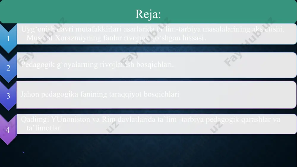 tta izlanishlar olib borgan. u yoshlarning dunyoqarashini kengaytirishda ilm-fanning turli sohalarini o‘rganish zarurligini aytgan. bu mutafakkirlarning qarashlari nafaqat ilmiy rivojlanishga, balki insonning ma’naviy va axloqiy kamol topishiga ham katta ta’sir ko‘rsatgan. muso al-xorazmiyning fanlar rivojiga qo‘shgan hissasi muso al-xorazmiy (783–850 yillar) – o‘z davrining buyuk matematik, astronom va geograflaridan biri bo‘lib, uning ilmiy faoliyati sharq va g‘arb ilm-fanining rivojiga ulkan ta’sir ko‘rsatgan. 1. matematika va algebra muso al-xorazmiy algebra fanining asoschisi hisoblanadi. uning “al-kitob al-muxtasar fi hisob al-jabr val-muqobala” asari algebra fanini mustaqil fan sifatida shakllanishiga zamin yaratgan. bu asarda tenglamalarni yechish, kvadrat tenglamalar va ularga geometrik yechim berish kabi masalalar yoritilgan. “al-jabr” tushunchasi keyinchalik algebra fani nomi sifatida ilmiy atamaga aylangan. 2. hind raqamlari va hisoblash tizimi muso al-xorazmiy hind raqamlarini (bugungi kunda "arab raqamlari" deb ataladigan tizimni) yevropaga tanishtirgan olim hisoblanadi. bu tizim matematik hisob-kitoblarni osonlashtirdi va butun dunyo bo‘ylab keng tarqaldi. u "nol" tushunchasini hisoblash amaliyotiga joriy …