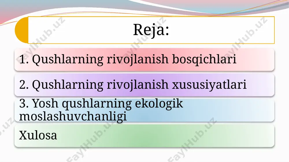 ladi va parvarishlanadi. 2. prekotsial (rivojlangan) yoshlar: • tuxumdan yaxshi rivojlangan holda chiqadi (masalan, o‘rdaklar, tovuqlar). • bu qushlar darhol mustaqil harakatlanishga va oziqlanishga qodir. 2. qushlarning rivojlanish xususiyatlari 2.1. tuxum qobig‘ining roli • qushlarning tuxumi qalin va himoyalangan qobiq bilan qoplangan bo‘lib, embrionni tashqi ta’sirlardan saqlaydi. • tuxum qobig‘ida gazlar almashinuvi uchun mikroskopik teshiklar mavjud. 2.2. termoregulyatsiya • tuxumning muvaffaqiyatli rivojlanishi uchun muayyan harorat (taxminan 37–39°c) zarur. • ota yoki ona qush tuxumlarni issiq tutish uchun ularni navbatma-navbat bosib turadi. 2.3. embrion oziqlanishi • embrion tuxum ichidagi sariq modda va oqsil bilan oziqlanadi, bu esa rivojlanish uchun energiya va ozuqa moddalarini ta’minlaydi. 2.4. voyaga yetish jarayoni • qushlar yoshligidan voyaga yetguncha o‘sish jarayonida parvoz qilish uchun qanot mushaklarini rivojlantiradi. • o‘sish davomida par, suyak va mushaklarning shakllanishi yakunlanadi. 3. yosh qushlarning ekologik moslashuvchanligi yashash muhiti: yosh qushlarning rivojlanish sur’ati yashash muhitiga moslashgan. masalan, qaldirg‘ochlar kabi altritsial qushlarning tez o‘sishi …