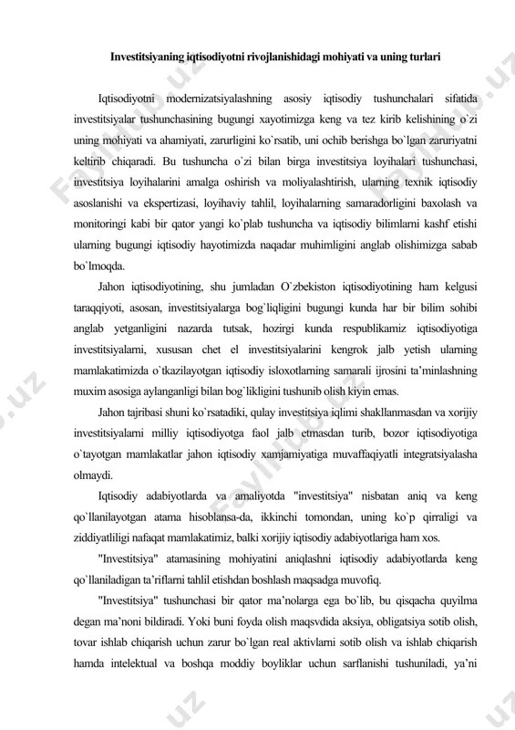 odiy adabiyotlariga ham xos. "investitsiya" atamasining mohiyatini aniqlashni iqtisodiy adabiyotlarda keng qo`llaniladigan ta’riflarni tahlil etishdan boshlash maqsadga muvofiq. "investitsiya" tushunchasi bir qator ma’nolarga ega bo`lib, bu qisqacha quyilma degan ma’noni bildiradi. yoki buni foyda olish maqsvdida aksiya, obligatsiya sotib olish, tovar ishlab chiqarish uchun zarur bo`lgan real aktivlarni sotib olish va ishlab chiqarish hamda intelektual va boshqa moddiy boyliklar uchun sarflanishi tushuniladi, ya’ni investitsiyalar har qanday vosita bo`lib, pulning qiymatini saqlaydi, uning qiymatini ko`paytiradi, va ijobiy daromad olishni ta’minlaydi. demak, investitsiya so`zi kengroq ma’noni anglatib, bunga qo`shimcha ravishda o`zlashtirmoq degan ma’noni ham berar ekan". investitsiya huquqi sohasida ilmiy izlanishlar olib borgan rus olimi a.g.bogatirev ham yuqoridagi nuqtai nazarga yaqin pozitsiyani egallaydi. aynan xarajatlarning ishlab chiqarishga xosligi va uzoq muddatliligi ko`p hollarda mualliflar tomonidan investitsiyalar va kapital qo`yilmalar o`rtasida tenglik ishorasini qo`yilishiga sabab bo`ladi. shuni ta’kidlash lozimki, yevropacha uslub "investitsiya" atamasini qimmatli qog`ozlarga kirtilgan uzoq muddatli qo`yilmalarga nisbatan ham qo`llanilishiga yo`l …