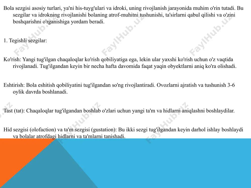 r orqali o'z atrofidagi dunyoni o'rganadi, shuningdek, o'zi va boshqalar haqida yangi bilimlar to'playdi. bu jarayonlarning muvaffaqiyatli amalga oshishi bola intellektual va emotsional rivojlanishiga yordam beradi. 4. sezgilar va til rivojlanishi: til rivojlanishidagi sezgilar: til o'rganishda sezgilar muhim rol o'ynaydi. bola ko'rish va eshitish orqali yangi so'zlarni o'rganadi va tovushlarni ajratadi. u ovozlarni (masalan, onaning ovozini) eshitgach, ularni tanib olishni boshlaydi. sezgilar va ijtimoiy rivojlanish: sezgilar bolaning ijtimoiy aloqalarini rivojlantiradi. misol uchun, bola boshqalarning yuz ifodalarini va ovozlarini tushunish orqali o'zining emotsional holatini aniqlashni o'rganadi. 5. sezgilar va emotsional idrok: empatiya rivojlanishi: empatiya, ya'ni boshqalarining his-tuyg'ularini tushunish va ularga javob berish qobiliyati, bolaning sezgi va idrok tizimlarining rivojlanishi bilan bog'liq. bolalar boshqalarning yuz ifodalari va ovozlarini kuzatib, ularning hissiy holatini tushunishga harakat qiladilar. emotsional idrokning rivojlanishi: bola sezgilar orqali atrofidagi dunyo bilan tanishadi va emotsiyalarni anglashni boshlaydi. masalan, bola o'zining his-tuyg'ularini tanib, boshqalar bilan o'zaro munosabatlarida muvaffaqiyatli bo'lishga harakat qiladi. …