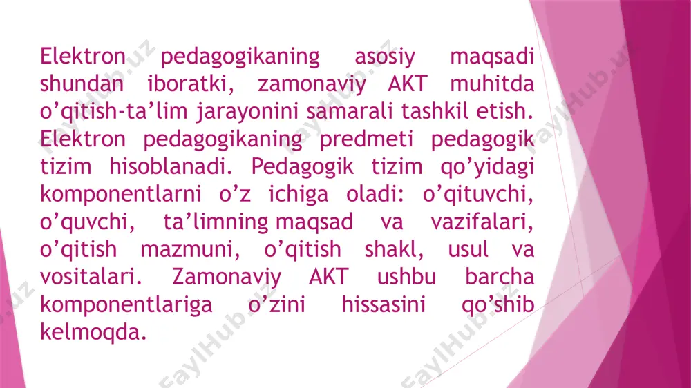 lashtirish; 2) ta’lim mazmunini tarkibiy qismlari aloqalarini mustahkamlash; 3) har xil turdagi ma’lumotlardan foydalanish imkoniyatlarining kengayishi; 4) o’qitishning modul tizimini rivojlantirish; 5) o’quv kursini muayyan mavzu va bo’limlar yaxlitligi sifatida namoyon bo’lishi; 6) darsni didaktik harakatlar tizimi sifatida takomillashtirish; 7) o’quv materialini bosqichma-bosqich o’rganishga erishish; 8) o’quv materiali mazmunini ta’lim oluvchilar xususiyatlariga moslashtirish imkoniyatlari; 9) adiovizual vositalar yordamida ta’lim beruvchi va ta’lim oluvchilar o’rtasidagi pedagogik muloqot mazmunini takomillashtirish va h‘.k. pedagogik dasturiy vositalarni quyidagilarga ajratish mumkin: 1) o’rgatuvchi dasturlar – o’quvchilarning bilim darajasi va qiziqishlaridan kelib chiqib yangi bilimlarni o’zlashtirishga yo’naltiradi ; 2) test dasturlari – egallagan bilim , malaka va ko’nikmalarni tekshirish yoki baholsh maqsadlarida qo’llaniladi ; 3) mahq qildirgichlar – avval o’zlshtirilgan o’quv materialini takrorlash va mustahkamlashga xizmat qiladi ; 4) o’qituvchi ishtirokidagi virtual o’quv muhitini shakllantiruvchi dasturlar ; etiboringiz uchun rahmat ! ism: pirnazarova barchinoy guruh: 221 yo’nalish: amaliy matematika fan: umumiy psixologiya va pedagogika image1.jpeg image2.png …