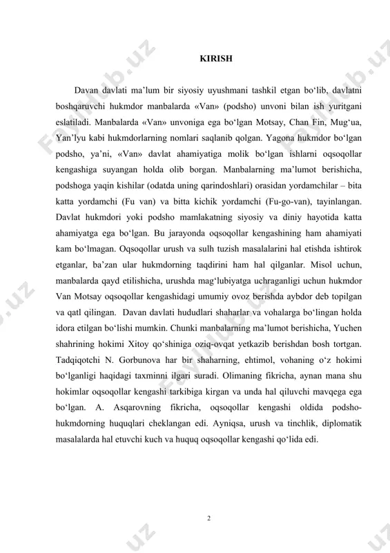 a, oqsoqollar kengashi oldida podsho-hukmdorning huquqlari cheklangan edi. ayniqsa, urush va tinchlik, diplomatik masalalarda hal etuvchi kuch va huquq oqsoqollar kengashi qo‘lida edi. 1.1 qang‘ davlatining o‘rganlish tarixi qang‘ davlati va uning ijtimoiy-iqtisodiy va madaniy hayotini o‘rganishga doir bir qator tadqiqotlar olib borilgan. tadqiqot ishlarida arxeologik manbalar va xitoy solnomalarida keltirilgan ma’lumotlar yetakchi o‘rin tutadi. qang‘ davlati uning hududlari haqida s.p.tolstov, keyinchalik ya.g‘ulomov, k.shoniyozov, yu.buryakov va boshqalar izlanishlar olib borishgan. xitoy tarixchisi sima syan qang‘ davlatiga oid ma’lumotida, uning aholisi asosan ko‘chmanchilardan iborat bo‘lganligini yozgan. lekin uning rivojlangan davrida qang‘lilar o‘rat sirdaryo bo‘ylarini egallangan davrlarda dehqonchmilikni ham o‘zlashtirib olganlar. ular asosan, kam chorvaga ega bo‘lgan aholining qambag‘al qismi bo‘lgan degan fitkrlarni berishgan. qang‘ davlati haqida yozma manbalar ham mil.avv. 2 asrning ikkinchi yarmiga oid. xitoy elchisi chjan syanning hisobotida va xitoy tarixchisi si-syanning “shi-szi” asarida qanh davlatining chegaralari qo‘rsatilib o‘tilgan. qang‘ davlatiga oid ko‘proq ma’lumotlar keiyngi davrlarga oiddir. ular xan-shu, …