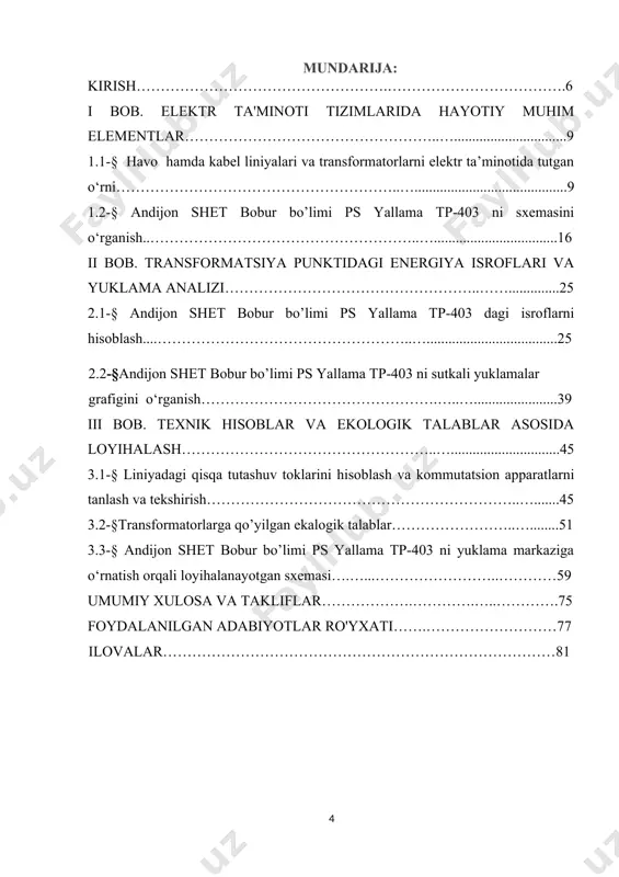 energiya yo‘qotishlarini kamaytirishning texnik va iqtisodiy asoslarini ishlab chiqish. bitiruv malakaviy ishi vazifalari: 1. transformator punktlarining elektr taqsimot tizimidagi o‘rni va ahamiyatini o‘rganish. 2. transformatorlarni yuklama markazlariga joylashtirishning nazariy asoslarini tahlil qilish. 3. elektr energiyasi yo‘qotishlariga ta’sir etuvchi omillarni aniqlash. 4. transformator punktlari joylashuvining energiya samaradorligiga ta’sirini baholash. 5. amaldagi transformator punktlarining joylashuvini o‘rganib, kamchiliklarni aniqlash. 6. transformatorlarni optimal joylashtirish bo‘yicha takliflar ishlab chiqish. 7. taklif etilgan yechimlarning amaliy samaradorligini tahlil qilish. bitiruv malakaviy ishining ilmiy yangiligi – transformatorlarni yuklama markazlariga yaqinlashtirish orqali energiya yo‘qotishlarini kamaytirishga qaratilgan uslubiy yondashuv ishlab chiqiladi, mavjud tizimlarning tahlili asosida texnik va iqtisodiy jihatdan asoslangan tavsiyalar shakllantiriladi. mavzuning o‘rganilganlik darajasi – mazkur mavzu bo‘yicha respublika va xorijiy olimlarning ilmiy ishlari, davlat dasturlari va energetika sohasidagi tadqiqotlar mavjud. biroq, aynan transformator punktlarini yuklama markazlariga yaqinlashtirish orqali energiya yo‘qotishlarini kamaytirishga bag‘ishlangan kompleks tadqiqotlar yetarli emas. bitiruv malakaviy ishining asosiy masalalari va farazlari – asosiy masala: elektr taqsimot …