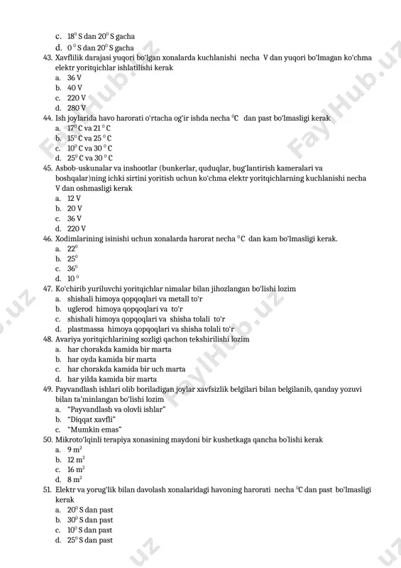 plitalar bilan to`liq qoplangan c. faqat oqlab qo`yiladi d. 2.5 m balandlikda och tusli moy bo‘yoq bilan bo‘yalishi 55. uqalash stoli standart o‘lchamlari qanday? a. balandligi 0,8 m, uzunligi 1,95 — 2 m, eni 0,65 m b. balandligi 0,5 m, uzunligi 1,95 — 2 m, eni 0,65 m c. balandligi 0,9 m, uzunligi 1,95 — 2 m, eni 0,95 m d. balandligi 0,5 m, uzunligi 1,95 — 2 m, eni 0,85 m 56. gidroterapiya xonasida havoning nisbiy namligi ko‘pi bilan necha foiz bo‘lishi kerak. a. 60 — 65 foiz b. 70 — 85 foiz c. 40 — 55 foiz d. 60 — 80 foiz 57. parafin va ozokeritning isitilishi qayerda amalga oshirilishi lozim a. maxsus isituvchi asbob-uskunalar yoki suv hammomida b. mo`rili shkafda c. spirt lampada d. elekrt isitgichlarida 58. parafin va ozokeritni tayyorlash xonasi devorlari necha m balandlikkacha silliqlangan plita bilan qoplangan bo‘lishi kerak a. 2,5 m b. 2 …