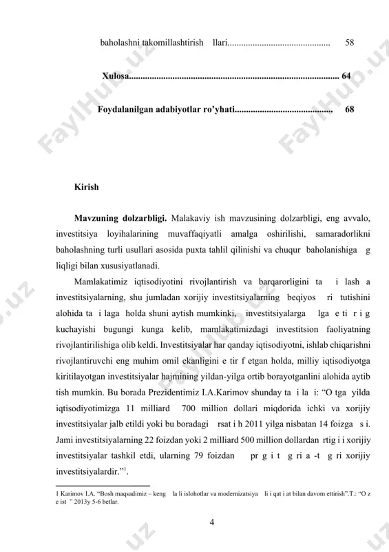 anishiga a lasha i hamda tovar va xizmat rsatish bozorlari rivojlanishining boshqa omillariga ham pgi a ta sir rsata i. bu ri a investitsiya loyihalarini moliyaviy-iqtisodiy samaradorligini e ti baholash, baholashning jahonda keng tarqalgan usullaridan amaliyotda foydalanishni ta i lash hamda investitsiya loyihalarining moliyaviyiqtisodiy samaradorligini baholash usullarini va kompleks ekspertiza qilishni takomillashtirish hozirgi investitsiya jarayonlarini yanada rivojlantirishning asosiy muammolaridan biri li qolmoqda. mamlakatimizda bozor infratuzilmasining hali yaxshi rivojlanmaganligi, huquqiy bazaning mukammal va barqaror emasligi, inflyatsiya darajasi, axborot ta i ti bazasining mavjud emasligi, amaliyotda a ri aralashuv holatlarining hali ham t liq barham topib ulgurmaganligi, valyuta riskining mavjudligi va boshqalar tijorat banklarida investitsiya loyihalarining moliyaviy-iqtisodiy samaradorligini baholashga salbiy ta sir etuvchi umumiy sabablardir. shunday ekan, investitsiya jarayonlarini rivojlantirish, ularni moliyaviy ta i lash a banklarning r i va rolini kuchaytirish hamda investitsiya loyihalarining moliyaviy-iqtisodiy samaradorligini baholashning xorij tajribalarini rga ish, shuningdek, amaliyotga keng tadbiq etish va bu borada duch kelinadigan …