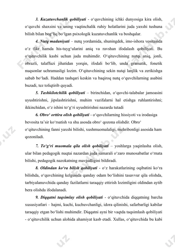 i. xullas, o‘qituvchida bu kabi xususiyatlarning mavjud bo‘lishi uning pedagogik mahoratini oshiradi va tajribasini boyitadi. pedagogik faoliyatning maqsadi jamiyat tomonidan aniqlab, belgilab beriladi. ya’ni aynan shu jamiyat uchun zarur, uning yuksalish va taraqqiyotini, har tomonlama rivojlanishini ta’minlay oladigan, istiqlol g‘oyasiga sodiq, vatanparvar, zamonaviy bilimlarni egallagan komil insonlarni tarbiyalab berish - pedagogning bosh vazifasidir. 19. 3. pedagog munosabatining mahorati. pedagog munosabati – pedagogning o’quvchi-talabalar bilan tarbiya maqsadida aloqa o’rnatishidir. uni ma‘lum pedagog vazifalariga ega va o’quv-tarbiya faoliyatining optimallashga yo’naltirilgan pedagogning o’quvchiga kasbiy ta‘siri deb ta‘riflasa bo’ladi. pedagog munosabat – uchun gapirish madaniyatiga (jonli nutq, talaffuz tarzi, nutq ohangi, orfoepiya) to’g’ri nafas olishga, ovozni qo’ya bilishga o’rganish muhim ahamiyatga ega. og’zaki nutq mahoratini mukammallashtirish lozimligi sababi, o’qituvchining kasbida ko’p gapirish kerakligidagina emas, balki ma‘noli so’z pedagogik ta‘sir uslublarini qo’llashga yordam beradi. pedagog o’z ovozini, yuzini boshqarishga, pauza tutishga, gavdani, mimikani, ishorani tutishga o’rganishi kerak. pedagogik munosabat muammolariga amerikalik pedagoglar katta e‘tibor beradi. …