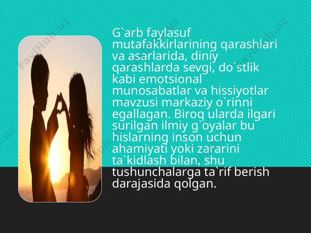 sdan iborat bo`lib,sevgan kishi sevgi obyektidan tobeligi bilan xarakterlanadi. ammo eros va lyudusdan bu turning farqi sevgan shaxsda o`ziga ishonch hislari yetarli bo`lmaydi. 6. agape (e+s) — eros va storgelar yig`indisidan iborat kuchli ifodalanadigan sevgan kishi muhabbat obyektiga hamma narsasini va hatto o`zini ham bag`ishlashga tayyor bo`lgan hislar turi va hokazo. kuzatishlarga ko`ra erkaklarning sevgi muhabbat hislarida ko`proq qismini eros va lyudus, ayollarda esa pragma, storge va maniya turlari tashkil etadi. o`smir va o`spirin yoshidagi o`g`il va qiz bolalarda ko`proq maniya turi, katta yoshdagilarda esa boshqa turlar kuzatiladi. bir shaxsning hayotida muhabbatning yuqoridagi bir necha turlari alohida kuzatilishi mumkin. ba`zilarda esa faqat bitta tur uchraydi. bizning fikrimizcha, muhabbat turlari sevgan va sevilgan kishilarning yoshiga, husniga, ma`lumotiga, madaniy saviyasiga, jamiyatda tutgan mavqeyiga, hayot tarziga, dunyoqarashiga, qaysi muhitda tarbiya ko`rganligiga, xarakteriga, jinsiy hulqiga, qarama-qarshi jins haqidagi tasavvuriga, nerv sistemasiga, milliy psixologik xususiyatlariga bog`liq. ba`zi yigit va qizlarda sevgi hislari bir turda boshlanib, …