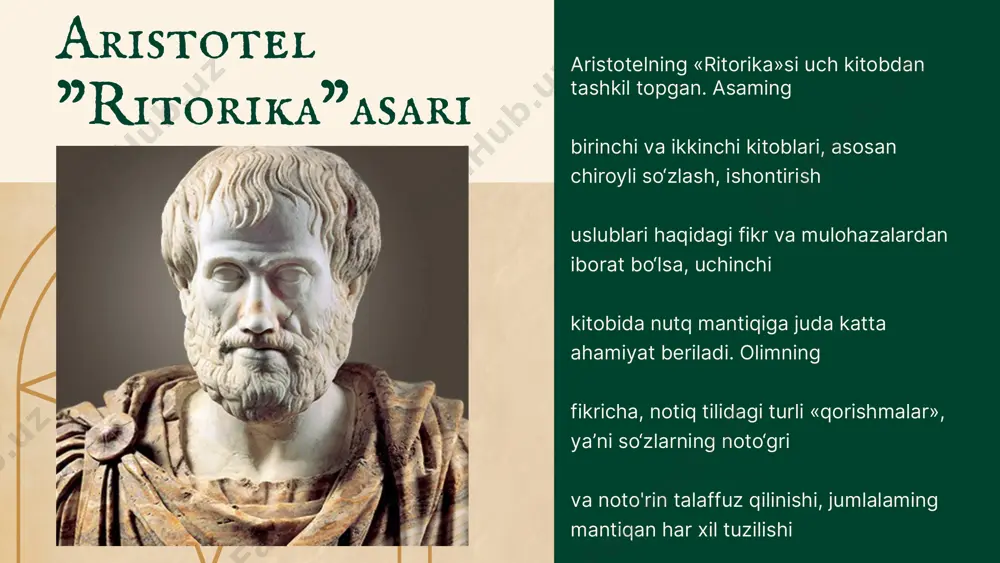 dagi fikrlari bilan ham mashhur. u ta'limning bolalikdan boshlanishi kerakligi va bu jarayonda tarbiya va axloqiy tarbiya katta ahamiyatga ega ekanligini ta'kidlaydi. shunday qilib, "institutio oratoria" faqat oratorlik san'ati haqida emas, balki kengroq ma'noda ta'lim va etika haqida ham gapiradi, bu asar o‘sha davrning ta'lim va jamiyat haqidagi tasavvurlarini aks ettiradi. bu asarlar g‘arbda notiqlik san’atining rivojlanishiga katta ta’sir ko‘rsatgan va bugungi kunda ham jamoat nutqi va oratorlik san’ati bo‘yicha o‘quvchilar va amaliyotchilar uchun muhim manba hisoblanadi. har biri nutqning samarali bo‘lishi uchun zarur bo‘lgan usullar, mantiq, hissiyotlar va axloqiy me’yorlar haqida chuqur fikrlar beradi. kaykavus "qobusnoma" “qobusnoma”ning yettinchi bobi “suxandonlik bila baland martabali bo‘lmoq zikrida” deb nomlangan. mazkur bobda kaykovus farzandiga murojaat qilar ekan quyidagilami yozadi: «kishi suxandpn, suxango‘y (notiq) bo‘lishi kerak. ammo, ey farzand, sen suxango‘y bo‘lg‘il va lekin durug‘go‘y (yolg'onchi) bo‘lmag‘il. rostgo‘ylikda o‘zing shuhrat qozong'il, tokim biror vaqt zarurat yuzidin yolg‘on so‘z desang qabul qilg'aylar. har so‘z …