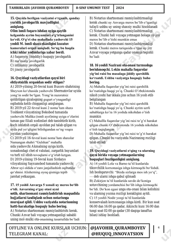 b) dengiz huquqi odatlari to’plami c) inson huquqlari umumjahon deklaratsiyasi d) “miranda” qoidalari bo‘yicha aqsh oliy sudining qarori 8. quyidagi huquq institutlarining qaysi biri fuqarolik huquq sohasi bilan tartibga solinadi? a) jinoiy javobgarlik. b) mualliflik huquqini himoya qilish. c) iste’molchilar huquqini himoya qilish. d) mehnat muhofazasi. 9. shanbagul taksichi amaki teshavoyga 15 ming so’m pul berish orqali uyiga yetib oldi. ushbu huquqiy munosabatda teshavoyning yuridik majburiyatini aniqlang. a) shanbagulni manzilga o’z vaqtida yetib borishi b) shanbaguldan 15 ming so’m pul olishi c) belgilangan manzilga xavfsiz va o’z vaqtida yetkazib qo’yishi d) shanbagulning ma’lum miqdorda pul summasini teshavoyga berishi 10. berilgan vaziyatda huquqbuzarlikning subyektiv tomonini toping. 18 yoshli maftuna lazizni ko‘pchilikning oldida haqorat qilgani uchun laziz uning bir o‘zi qolishini kutib turdi va 11:00 lar atrofida mahalladagi bekat oldida tan jarohati yetkazdi. a) laziz b) maftunaning sog’lig’i c) 11:00 lar atrofida mahhalla bekatida huquqbuzarlik sodir bo’lishi d) huquqbuzarlikni to’g’ri qasd bilan …