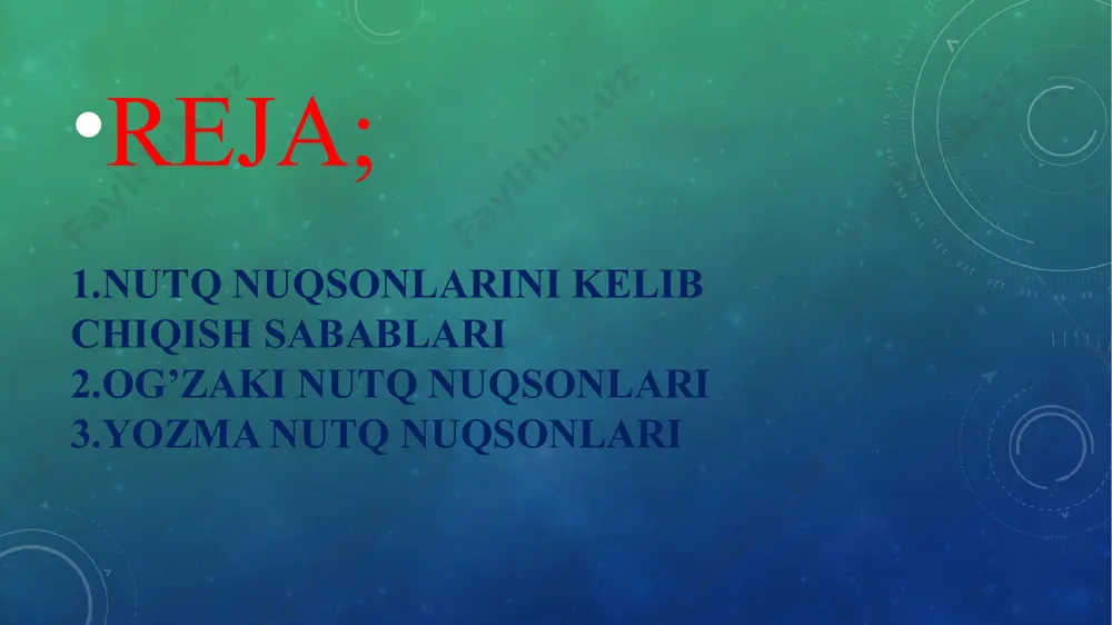 natijasida yuzaga keladigan og’ir nutq nuqsonlari hisoblanadi.. dizartriya-tovush chiqarishda ishtirok etadigan muskullar faoliyatining buzilishi natijasida noaniq g’uldirab gapirish. disfoniya-bu ovoz apparatining patologik o’zgarishlari ya’ni kasllanishi oqibatida ovoznng zaiflashuvi. afoniya nutq apparatining patologik o’zgarishi oqibatida ovozning yo’qolishi shivirlab gapirish. alaliya-bosh miyya katta yarim sharlari postlog’idagi nutq zonalarining chala rivojlanishi yoki zararlanishi sbabli bolalarning tilga kirmasligi yoki yaxshi sozlay olmasligi. afaziya-bu bosh miyyaning organik jarohatlanishi natijasida shakillangan nutqning yo’qolishi.bolalar afaziyasi tajribada kam uchraydi. afaziya asosan kattalarda insultda keyin uchraydi.bolalarda esa miyya infeksiyalari,miyya rivojlanishi davrida turli xil kuchli travmalar natijasida yuzaga keladi. duduqlanish-bu og’zaki nutq jarayonida artikulyatsion apparat a’zolari muskullarining tortishishi sababli og’zaki nutqning tempritmik o’zgarishi natijasida yuzaga keladi . bradilaliya-bu nutqning patologik sekinlashgan sur’ati. taxilaliya-nutqning patalogik tezlashgan sur’ati. disgrafiya-yozish jarayoning qisman buzilishi. agrafiya-yozish jarayoning mutloq yo’q bo’lishi. disleksiya-o’ish jarayonini qisman o’zgacharoq tarzda buzilishidir.ushbu holatda bola harflarni tanishda, undan bo’g’in va so’z yasash, shuningdek,o’qiganlarini tushunmaslikda yaqqol namoyo boladi. ya’ni, u so’zni tog’ri o’qiy …