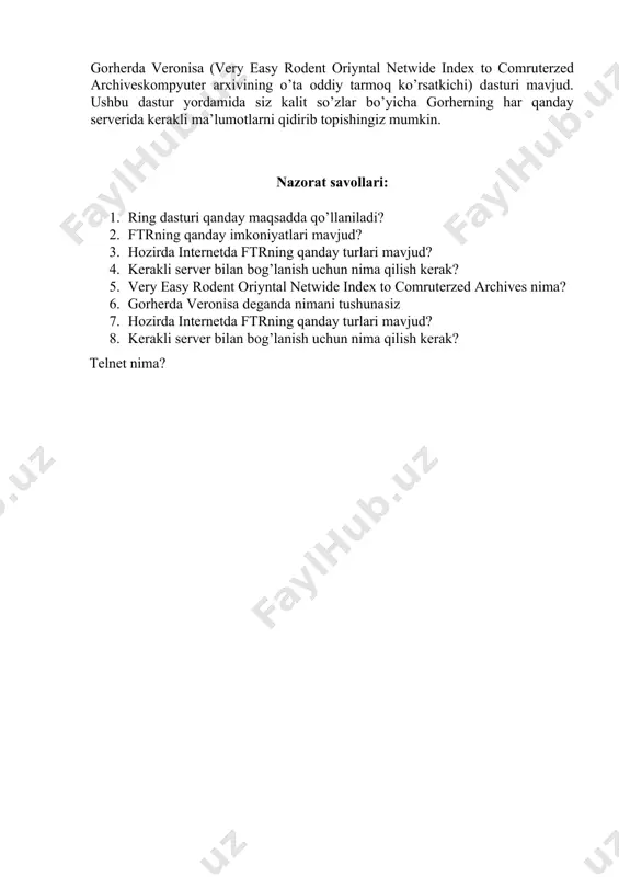 elektron pochta orqali; telnet orqali archie server bilan kompyuterga ulanish; kerakli faylni qidirish uchun ftr ­ search qidiruv tizimi xizmatidan foydalanish mumkin. bu tizim barcha domenlar bo’yicha yoki siz buyurgan domen bo’ylab faylni tezkor usulda qidiradi, tashkil etish vaqti, mamlakatlar va boshqa belgilar bo’yicha tanlangan fayllarni xillarga ajratadi. siz /httr://ftrsearch.ntnu.no/ manzilgohi bo’yicha mazkur qidiruv bilan bog’lanishingiz mumkin. ftr search – ftr arxivida fayllarni qidiruvchi eng yaxshi mashina va u tronxeym (norvegiya)da joylashgan. ftr search – ko’rsatilgan yoki barcha domenlar bo’yicha tezkor qidiruvni amalga oshiradi, yaratish vaqtida natijalari, mamlakatlar va boshqa belgilar bo’yicha uni xillarga ajratadi. ma’lumotlar bazasi 4,650 ftr sites, 5mln. direktoriya va 65 mln. dan ortiq 135 mv hajmdagi fayllar nomini o’z ichiga oladi, har haftada yangilanadi. gorher qulay shaklda internet taqdim etadigan barcha xizmatlardan foydalanish imkonini beradi. gorher serverlaridan biriga ulanib, u bilan ishlash mumkin. odatda har bir gorher – server ma’lum mavzuga: qishloq ho’jaligi, iqtisod qonunchiligi va …