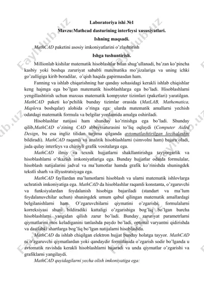 laboratoriya ishi №1: mathcad dasturining interfeysi xususiyatlari — DOCX