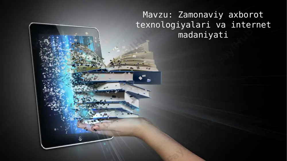 italarining turlari televidenie va radio bosma mahsulotlar elektron mahsulotlar bo’layotgan voqealar to’g’risida ma’lumot berib boradi fuqarolarning huquq va erkinliklarini himoya qiladi turli idoralar,siyosiy institutlar manfaatini ifodalaydi demokratik jarayonlarning chuqurlashuviga xissa qo’shadi ommaviy axborot vositalarining jamiyat rivojidagi o‘rni ommaviy axborot vositalarining jamiyatdagi vazifalari: aholida tegishli fikrlarni shakllantiradi axborot madaniyati axborot madaniyati shaxsning o‘quv, ilmiy-bilish, mustaqil ta’lim olish, dam olish va boshqa ko‘rinishli faoliyati jarayonida paydo bo‘ladigan axborotga bo‘lgan ehtiyojini qondirishga yo‘naltirilgan, shaxsiy axborot faoliyatini samarali tashkil qilishni ta’minlaydigan bilimlar, malaka va ko‘nikmalarning tizimlashtirilgan majmuasidir. axborot madaniyati axborotdan samarali foydalanish bilim va ko‘nikmalari bo‘lib, kеrakli axborotni axborot rеsurslaridan axborot tеxnologiyalarining barcha ko‘rinishlari (kompyutеr va intеrnеt tarmog‘i tеxnologiyalari) orqali qidirishning turli xil bilimlaridan iborat. axborot oddiy qilib aytganda, axborot - bu to‘plangan, qayta ishlangan va izohlangan, foydalanish uchun qulay bo‘lgan ko‘rinishda taqdim etiladigan ma’lumotlardir. axborot axborotni yana bir boshqacha tavsifi - “tushunishga oson shaklda berilgan bilimlar”dir.. axborot “axborot” atamasi ko‘plab tavsifga ega bo‘lib, …