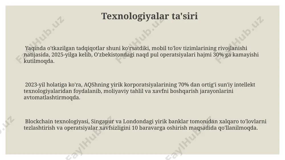 истон темир йўллари" каби йирик корхоналарнинг акциялари тошкент биржасида энг юқори ликвидлиликка эга бўлиб, кунига ўртача 10 000 дан ортиқ савдо амалиёти амалга оширилади. жаҳон бозоридаги акциялар нархларининг ўзгариши, хусусан, ақш ва европа давлатларининг фондови бозорларидаги индексларнинг динамикаси, ўзбекистон акциялар бозорига ҳам бевосита таъсир кўрсатади. тошкент фондови бозорида 2023 йилда акциялар савдоси ҳажми 150 миллиард сўмдан ошди, бу эса ўтган йилга нисбатан 25% га ўсишни билдиради. korporativ ijtimoiy javobgarlik korporativ ijtimoiy javobgarlik (kij)ning 2022-yilda o'zbekistondagi 50 ta yirik korxonaning 70% dan ortig'i atrof-muhitni muhofaza qilish dasturlariga 1 million dollardan ortiq mablag' sarflagan. kij tamoyillari bo'yicha ishlaydigan kompaniyalar, masalan, aqshning "fortune 500" ro'yxatiga kirgan kompaniyalar, o'rtacha 15% yuqori daromad ko'rsatkichlariga ega ekanligi isbotlangan. 2023-yil hisobotlariga ko'ra, toshkent shahrida joylashgan 100 ta kijga e'tibor qaratadigan kompaniyalarning 85 foizi xodimlarining ijtimoiy faolligini rag'batlantirishga yo'naltirilgan loyihalarni amalga oshirmoqda. kelajakdagi tendentsiyalar kelgusi 5 yilda, global miqyosda korporatsiyalar esg (environmental, social, and governance) mezonlariga muvofiqlikni ta'minlash …