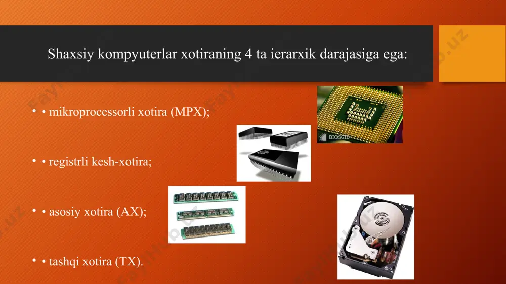 tishda ham qo’llaniladi. - dimm (dual in line memory module) - 168-kontaktli raz’yomlarga ega bo’lgan yangi tipdagi moduldir; shunday mos raz’yomlarga ega bo’lgan faqat yangi tipdagi tizimli platalarga o’rnatilishi mumkin. dimm modullari ram edo va sd ram xotiralarni tashkil etishda qo’llaniladi. ram edo xotirasi mp uchun qiymatlarni teqq, ning o’qishiga kerak bo’ladigan vaqtni qisqartiradi, xususan, edo da registr «zanjirlar» to’plani qo’shilgan, ularning hisobotiga chiqishdagi qiymatlar mikrosxemaga keyingi so’rovgacha ushlanib turilishi mumkin (bugungi kunda ram edo tipidagi xotira o’rtacha 45 nanosekund murojaat qilish vaqtiga va 264 mbayt/s processor-xotira qiymatlarini maksimal uzatish tezligiga egadir. sd ram xotirasi tizim unumdorligini, teqq, ishlash tezligining processor shinasini ishlash tezligi bilan bir-biriga moslashishi hisobiga oshiradi (sd ram hozir 200 mgc chastotalargacha ishlashi mumkin). bu xotirada qiymatlarga murojaat qilish vaqti mp ning ichki taktli chastotasiga bog’liqdir va 6- 10 ns ga etadi, qiymatlarni processor-xotira bo’yicha maksimal uzatish tezligi 528 mbayt/s (haqiqatda processor-kesh xotira bo’yicha uzatish tezligiga teng). …