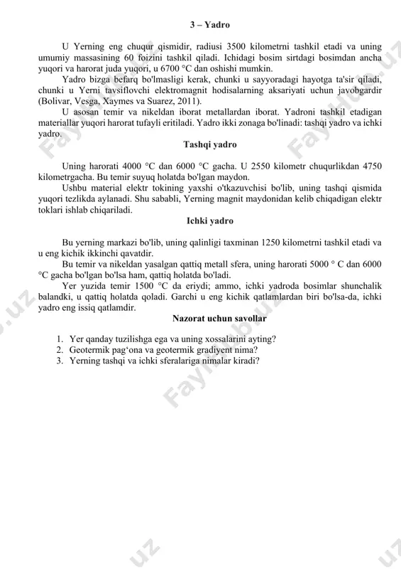 luksiz qoplama emas, balki yer yuzi bo'ylab yiliga bir necha santimetrda sekin harakatlanadigan plitalarga bo'linadi. litosfera ortidan magma deb nomlangan qisman erigan jinslardan tashkil topgan astenosfera qatlami mavjud. astenosfera ham harakatda. litosfera va astenosfera orasidagi chegara harorat 1280 °c ga yetadigan joyda joylashgan. pastki mantiya u mezosfera deb ham ataladi. u yer yuzasidan 660 kilometrdan 2900 kilometrgacha joylashgan. uning holati qattiq va 3000 °c haroratga etadi. yuqori qatlamning yopishqoqligi pastki qatlamdan aniq farq qiladi. yuqori mantiya o'zini qattiq jism kabi tutadi va juda sekin harakat qiladi. shuning uchun tektonik plitalarning sekin harakatlanishi tushuntiriladi. mantiya va yerning yadrosi orasidagi o'tish zonasi gutenbergning uzilishi deb nomlanadi, uning kashfiyotchisi uni 1914 yilda kashf etgan nemis seysmologi beno gutenberg nomi bilan atalgan. gutenbergning uzilishi taxminan 2900 kilometr chuqurlikda joylashgan (national geographic, 2015). buning sababi shundaki, ikkilamchi seysmik to'lqinlar u orqali o'tolmaydi va birlamchi seysmik to'lqinlar tezlik bilan keskin pasayib, 13 dan 8 km/s gacha. …