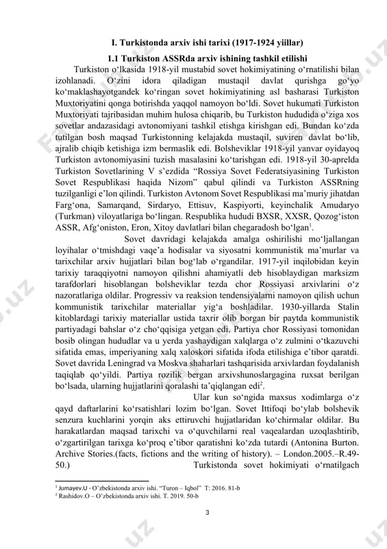 og‘iston assr, afg‘oniston, eron, xitoy davlatlari bilan chegaradosh bo‘lgan[footnoteref:1]. sovet davridagi kelajakda amalga oshirilishi mo‘ljallangan loyihalar o‘tmishdagi vaqe’a hodisalar va siyosatni kommunistik ma’murlar va tarixchilar arxiv hujjatlari bilan bog‘lab o‘rgandilar. 1917-yil inqilobidan keyin tarixiy taraqqiyotni namoyon qilishni ahamiyatli deb hisoblaydigan marksizm tarafdorlari hisoblangan bolsheviklar tezda chor rossiyasi arxivlarini o‘z nazoratlariga oldilar. progressiv va reaksion tendensiyalarni namoyon qilish uchun kommunistik tarixchilar materiallar yig‘a boshladilar. 1930-yillarda stalin kitoblardagi tarixiy materiallar ustida taxrir olib borgan bir paytda kommunistik partiyadagi bahslar o‘z cho‘qqisiga yetgan edi. partiya chor rossiyasi tomonidan bosib olingan hududlar va u yerda yashaydigan xalqlarga o‘z zulmini o‘tkazuvchi sifatida emas, imperiyaning xalq xaloskori sifatida ifoda etilishiga e’tibor qaratdi. sovet davrida leningrad va moskva shaharlari tashqarisida arxivlardan foydalanish taqiqlab qo‘yildi. partiya rozilik bergan arxivshunoslargagina ruxsat berilgan bo‘lsada, ularning hujjatlarini qoralashi ta’qiqlangan edi[footnoteref:2]. ular kun so‘ngida maxsus xodimlarga o‘z qayd daftarlarini ko‘rsatishlari lozim bo‘lgan. sovet ittifoqi bo‘ylab bolshevik senzura kuchlarini yorqin aks ettiruvchi hujjatlaridan …