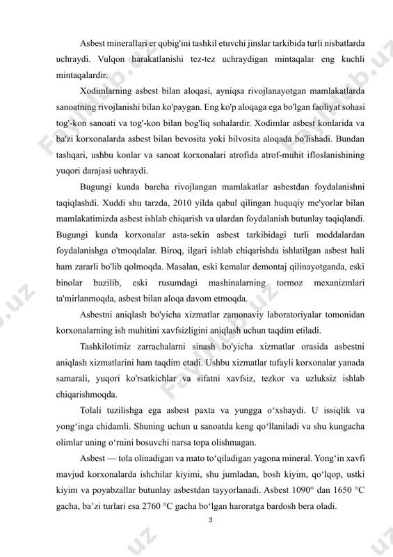 digan mintaqalar eng kuchli mintaqalardir. xodimlarning asbest bilan aloqasi, ayniqsa rivojlanayotgan mamlakatlarda sanoatning rivojlanishi bilan ko'paygan. eng ko'p aloqaga ega bo'lgan faoliyat sohasi tog'-kon sanoati va tog'-kon bilan bog'liq sohalardir. xodimlar asbest konlarida va ba'zi korxonalarda asbest bilan bevosita yoki bilvosita aloqada bo'lishadi. bundan tashqari, ushbu konlar va sanoat korxonalari atrofida atrof-muhit ifloslanishining yuqori darajasi uchraydi. bugungi kunda barcha rivojlangan mamlakatlar asbestdan foydalanishni taqiqlashdi. xuddi shu tarzda, 2010 yilda qabul qilingan huquqiy me'yorlar bilan mamlakatimizda asbest ishlab chiqarish va ulardan foydalanish butunlay taqiqlandi. bugungi kunda korxonalar asta-sekin asbest tarkibidagi turli moddalardan foydalanishga o'tmoqdalar. biroq, ilgari ishlab chiqarishda ishlatilgan asbest hali ham zararli bo'lib qolmoqda. masalan, eski kemalar demontaj qilinayotganda, eski binolar buzilib, eski rusumdagi mashinalarning tormoz mexanizmlari ta'mirlanmoqda, asbest bilan aloqa davom etmoqda. asbestni aniqlash bo'yicha xizmatlar zamonaviy laboratoriyalar tomonidan korxonalarning ish muhitini xavfsizligini aniqlash uchun taqdim etiladi. tashkilotimiz zarrachalarni sinash bo'yicha xizmatlar orasida asbestni aniqlash xizmatlarini ham taqdim etadi. …
