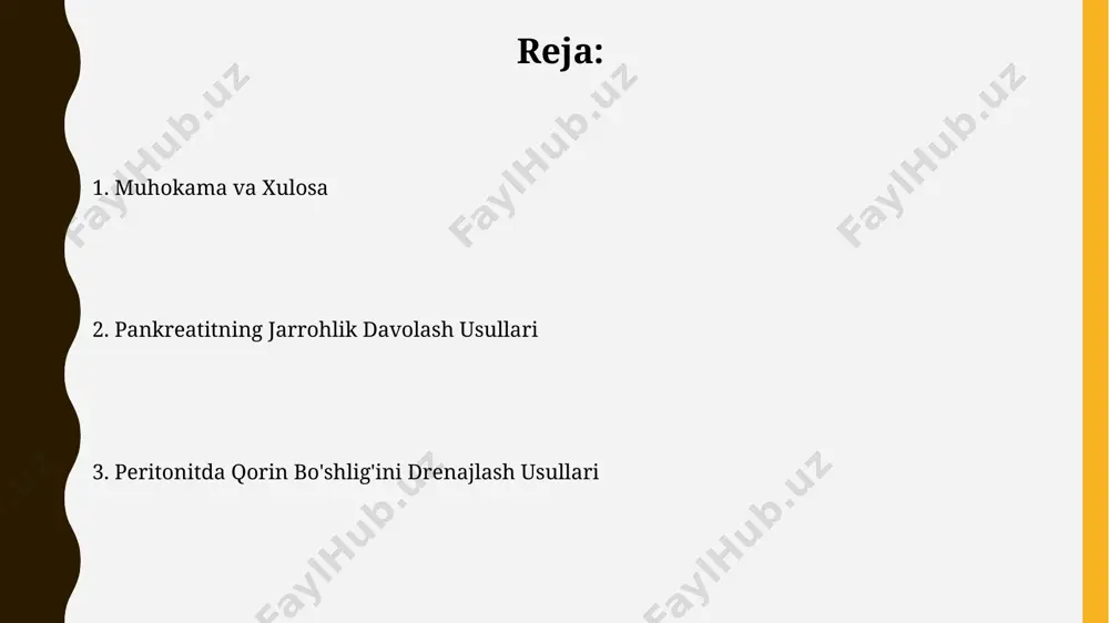 samaradorligini baholash qorin bo'shlig'idagi drenajning samaradorligi drenaj suyuqlig'ining hajmi va xarakterining o'zgarishi, shuningdek, infeksiya belgilarining yo'qolishi (masalan, crp darajasining pasayishi 50 mg/l dan pastga) orqali baholanadi. pankreatit jarrohlik davolashining samaradorligi operatsiyadan keyingi asoratlarning yo'qligi, seroz va qon ajralishining to'xtashi, bemorning umumiy holatining yaxshilanishi (masalan, apache ii ballining pasayishi 10 balldan pastga) bilan aniqlanadi. laparoskopik jarrohlik usullari laparoskopik jarrohlik, ochiq jarrohlikka nisbatan kichikroq kesmalar bilan amalga oshiriladi, bu esa bemorning tezroq tuzalishini, kamroq og'riqni va kosmetik jihatdan yaxshiroq natijalarni ta'minlaydi; odatda 3-5 mm gacha bo'lgan 3-4 ta kichik teshikdan foydalaniladi. laparoskopik usullar peritonitda drenajlashni osonlashtiradi, chunki kamera va asboblar qorin bo'shlig'ining ichki qismini vizualizatsiya qilish va to'g'ri joylashishni aniqlash imkonini beradi, bu 10 dan ortiq xarajatlarni kamaytiradi. pankreatitda jarrohlik aralashuvlarga ko'rsatmalar nekroz hajmi 5 sm dan katta bo'lsa yoki infektsiyaning klinik va laboratoriya belgilarini ko'rsatsa, jarrohlik davolash zarur. peritonit yoki sepsis belgilarining rivojlanishi ham ko'rsatma hisoblanadi. pankreatitning og'ir shakllarida, masalan, nekrotik …