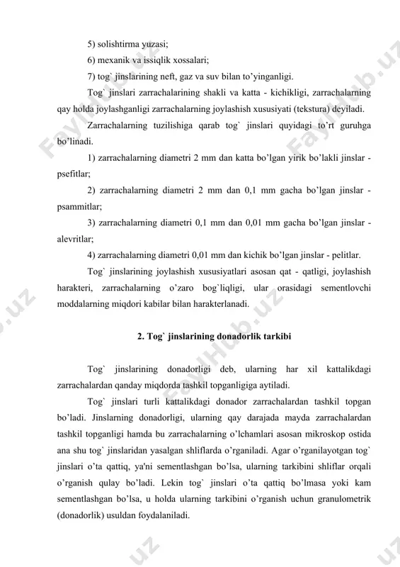 am sementlashgan bo’lsa, u holda ularning tarkibini o’rganish uchun granulometrik (donadorlik) usuldan foydalaniladi. tog` jinslarini tashkil qiluvchi minerallar qanchalik maydalanganligiga qarab jinslarning sig`im - o’tkazuvchanlik xossalari (g`ovakligi, o’tkazuvchanligi, solishtirma yuzasi, kapillyarlik xossalari va b.) ham tubdan o’zgarishi mumkin. tog` jinslarining donadorlik tarkibiga ularning geologik kelib chiqishi, qatlamlarning hosil bo’lishiga qarab ana shu geologik davrlarda bo’lib o’tgan jarayonlar xususida ma'lumotlar olish mumkin. shuning uchun ham donadorlikni o’rganish geologik izlanishlarning boshlang`ich bosqichi hisoblanadi. tog` jinslarini tashkil qilgan zarrachalarning katta - kichikligiga qarab ana shu zarrachalar bilan neft orasidagi bog`lanish yuzasi har xil kattaliklarni tashkil qilish mumkin. zarrachalar qanchalik mayda bo’lsa, shunchalik ular bilan neftning umumiy bog`lanish yuzasi katta bo’ladi. demak, bunday tog` jinslaridan neft olinayotganda mana shu mayda zarrachalarning yuzasini juda yupqa neft pardasi qoplab oladi va natijada ana shu parda holatidagi neft yer ostida qolib ketib, olib bo’lmas yo’qotishga sabab bo’ladi. neftning parda holatida qolib ketishiga sabab, jinslarning juda mayda zarrachalardan …