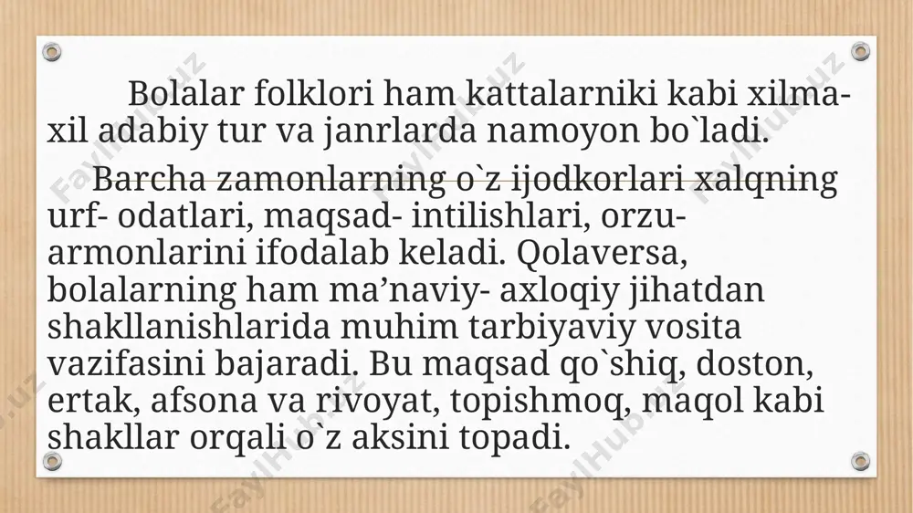 elgi bo‘lsa, yo‘ldan adashmas, elga qo‘shilsang, el bo‘lasan, aql bo‘lsa, so‘zdan adashmas. eldan ajralsang, yer bo‘lasan. chinordek bo‘ying bo‘lguncha, hunari yo‘q kishining, tumordek aqling bo‘lsin. mazasi yo‘q ishining topishmoqlar xalq og`zaki ijodining eng qadimgi va eng ommaviy janri. jahondagi barcha xalqlar folklorida uchraydi. topishmoqlarda xalq hayoti, turmush darajasi, urf- odatlari ma’lum darajada o`z aksini topadi. topishmoqlar bolalarning so`z boyligini oshirish hayot va uning hodisalari haqidagi tushunchalari va tasavvurlarini, idroki va mulohaza qobiliyatlarini kengaytirishda tarbiya vositasi hisoblanadi. topishmoqlardan doston va ertaklarda keng foydalaniladi. topishmoq xalq ichida topmacha, jumboq, matal nomi bilan ham yuritilgan. topishmoqda yechilishi mumkin bo`lgan so`roq ma’joziy ma’noda ifodalanib uning ma’nosi yashirin bo`ladi. odamlar, ayniqsa bolalar, topishmoqda yashiringan narsani topishga, jumboqni bilishga qiziqadilar. topishmoqlarda narsa yoki hodisaga o`xshatish, o`zaro qiyoslash, taqqoslash orqali gavdalantiriladi. topishmoqlar ba’zan nasriy, ko`pincha, she’riy shaklda bo`ladi. topishmoqlar mavzusi tabiat va kundalik hayotda, ro`zg`orda, uchrab turadigan aniq hodisa yoki narsa yoxud boshqa tushuncha haqida bo`ladi. masalan: …