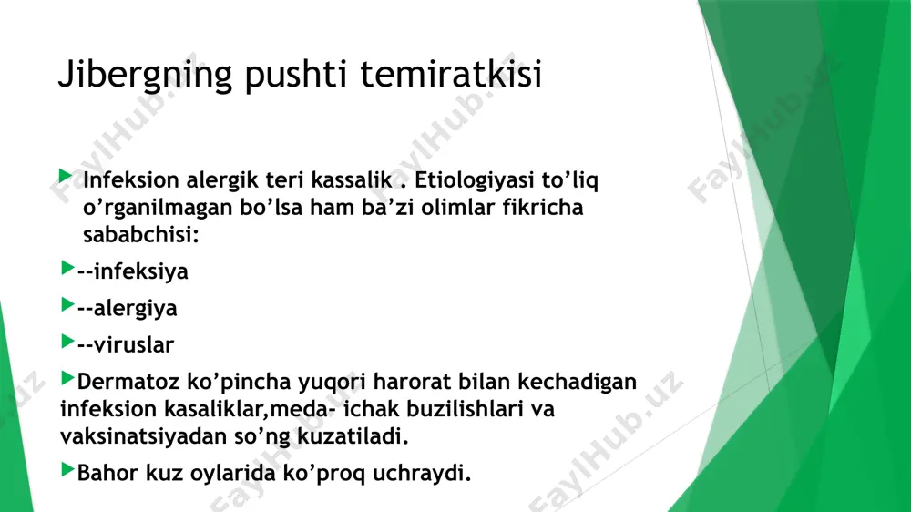 r 4. irsiy a) bolalar b) kattalar klinikasi o’tkir uchli follikulyar papulalar hosil bo’ladi . keyinchalik qizg’ish pushti , qizil tugunchalar hosil bo’lib ularning usti tangachalar bilan qoplanadi, markazida esa shoxsimon bo’rtmalar kuzatiladi . tugunchalar kattalashib bir biriga qo’shilib pilakchani hosil qiladi . simmetrik toshmalar tanani total qoplaganda eritrodermiya holati vujudga keladi . gistomorfologiyasi epidermisda : giperkeratoz parakeratoz granulyoz vakuoli distrofiya differensial diagnostika psoriaz qizil yassi temiratki sfilitik papulalar bilan differensial diagnostika qilinadi davosi a vitamini yuqori dozada 200000-400000 xb neotigazon 0,5-1 mg/kg puva terapiya yoki re-puva terapiya mahalliy davo: 2 % li salitsil kislota yoki dermovayt maz image1.jpeg image2.jpeg image8.emf image3.jpeg image4.jpeg image5.jpeg image6.emf image7.emf image6.jpeg